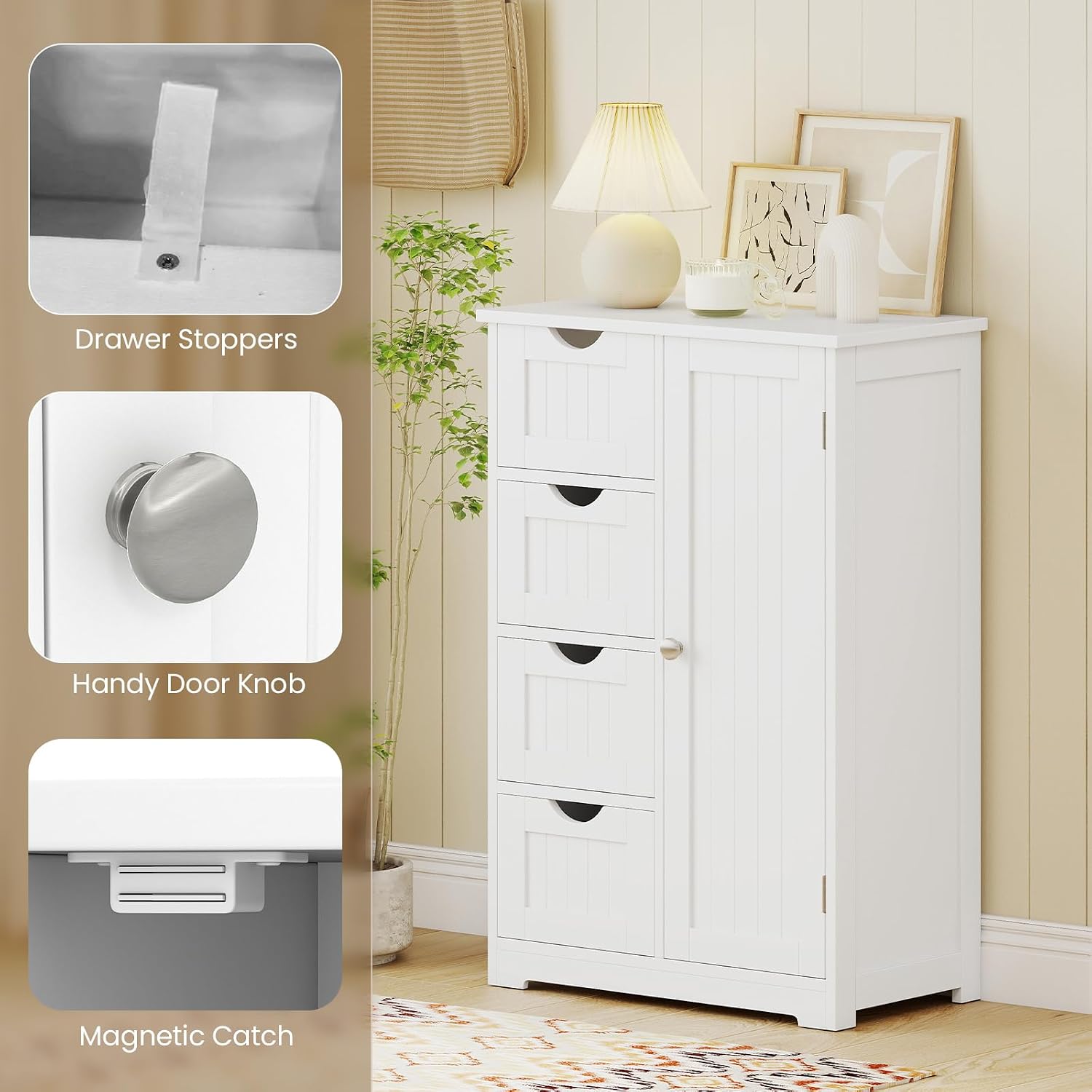 Giantex Storage Cabinet with 4 Drawers, Bathroom Storage Organizer with Cupboard, Adjustable Shelf, Anti-Toppling Device, Floor Cabinet, Entryway Storage Unit Console Table, White