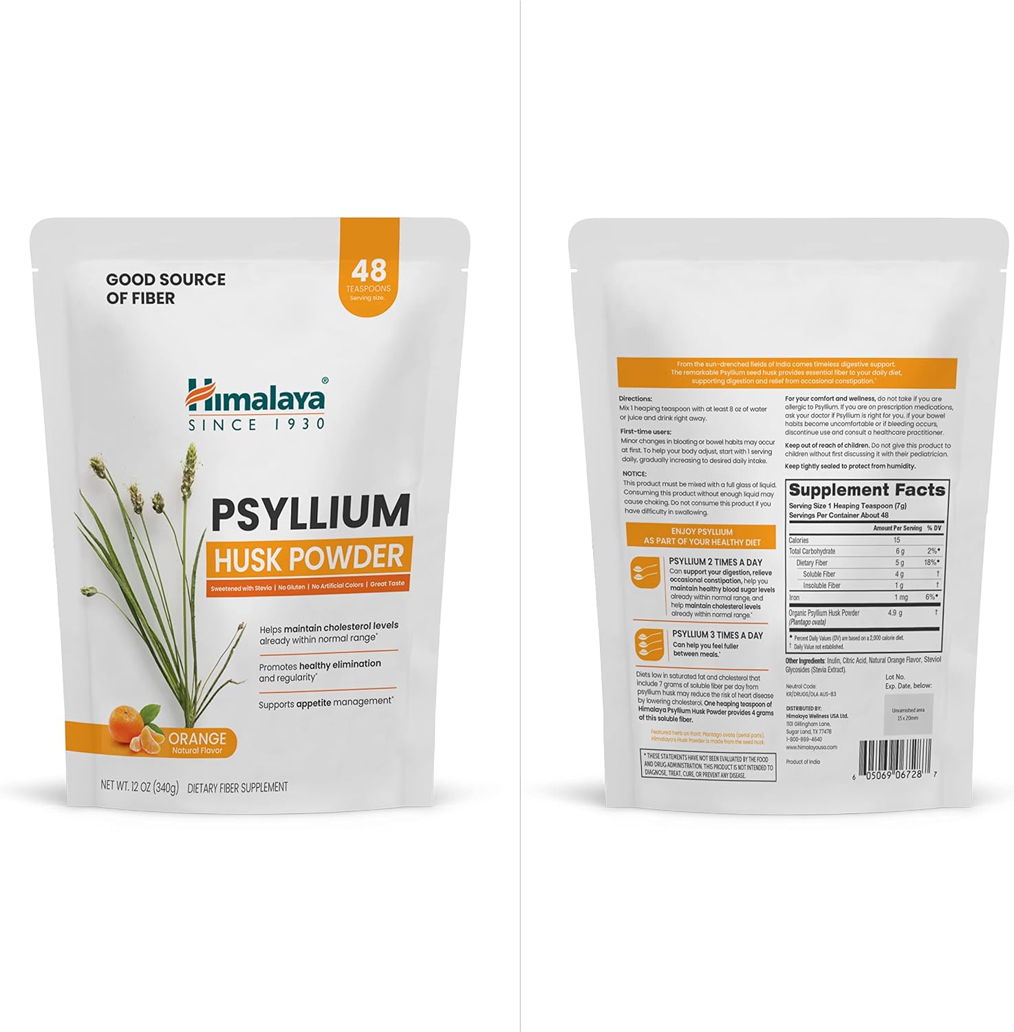 Himalaya USDA Organic Psyllium Whole Husk Powder, Natural Daily Fiber Supplement, Regularity, Appetite Management, Non-GMO, 56-Tablespoon Supply, Unflavored, 12 Oz