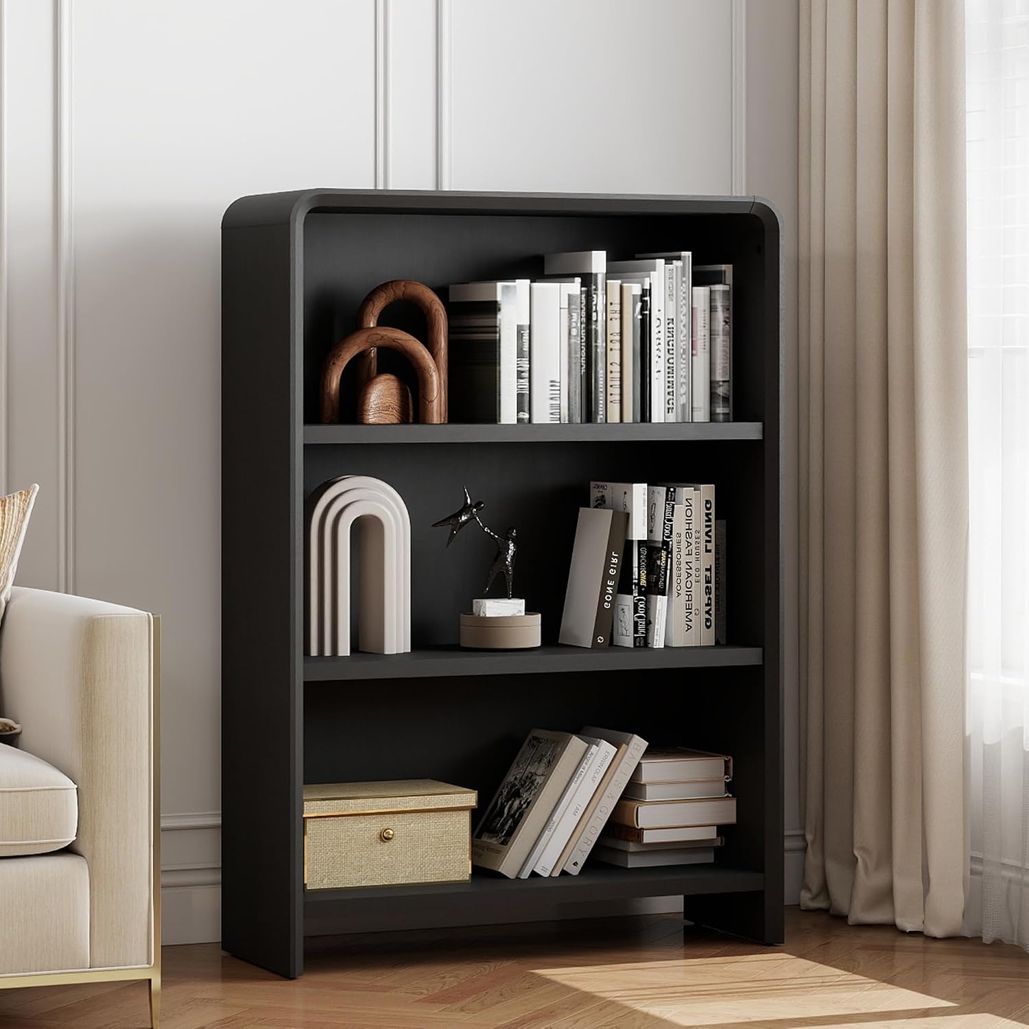 Bevfint 44" Bookcase Tall 3 Shelves Wood Bookshelf with Curved Soft Edges, Heavy Duty Storage Cabinet for Professional Home Office and Living Room, Modern Natural Oak Grain Finish