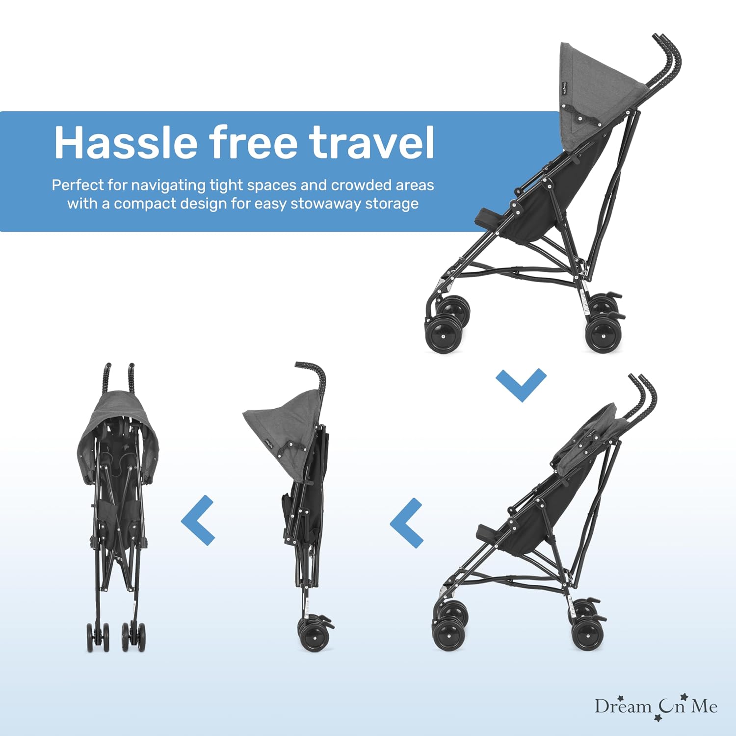 Dream On Me Aero Travel Umbrella Stroller, 1-Hand Fold, Lightweight, Black | 3 Point Safety Harness, Dual Brakes, Adjustable Removable Canopy, Sturdy Steel Frame, Compact, For Toddlers 6-36 months