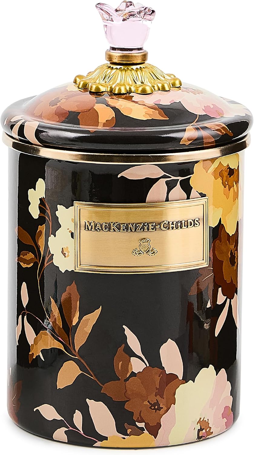 MACKENZIE-CHILDS Enamel Canister, Medium, White Butterfly Garden | Hand-applied design, made from enameled steel, versatile kitchen storage container for flour and sugar, 48-ounce capacity