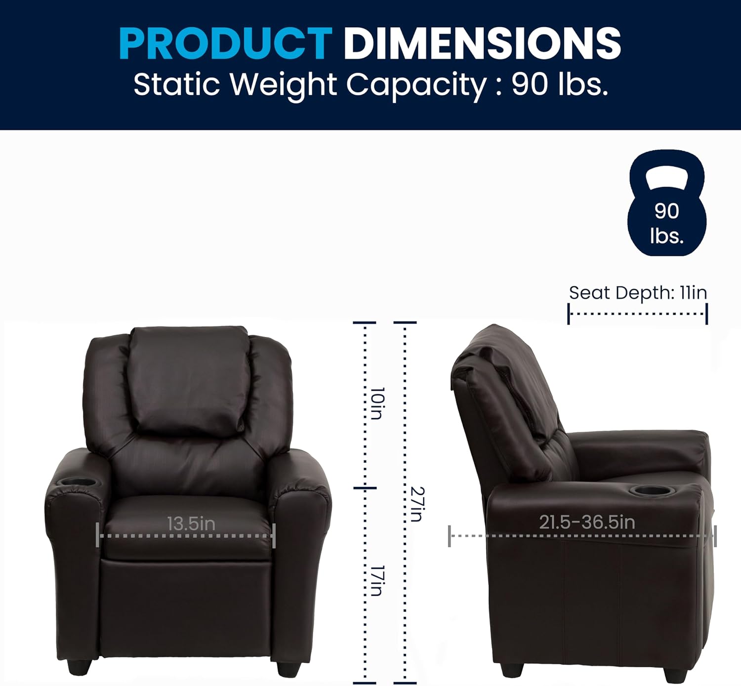 Flash Furniture Vana LeatherSoft Kids Recliner with Cup Holder, Headrest, and Safety Recline, Contemporary Reclining Chair for Kids, Supports up to 90 lbs., Brown | Manual Recline, Padded Seat and Back, Child-Friendly Design, Safety Recline Feature