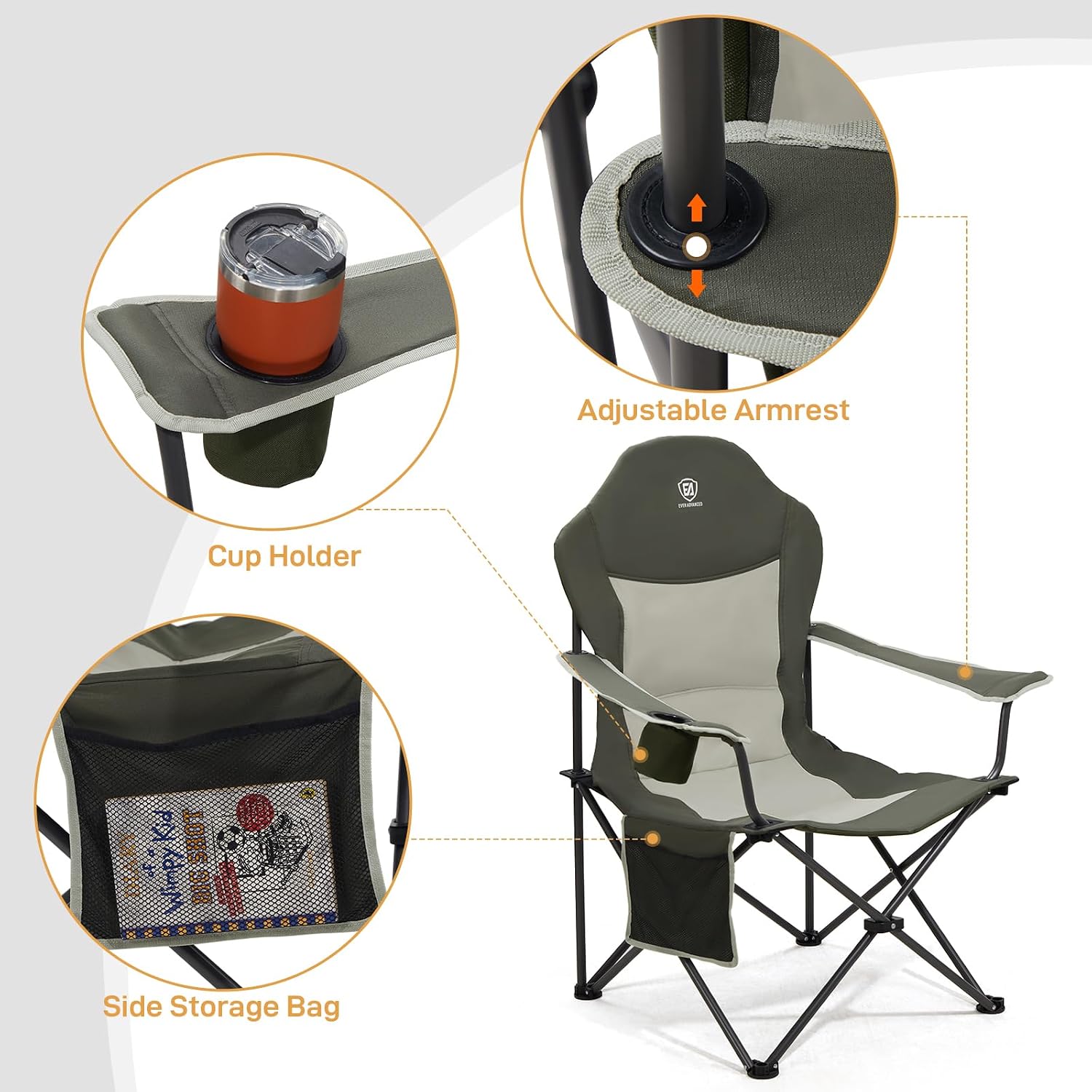 EVER ADVANCED High Back Folding Camping Chair Oversized and Fully Padded, Portable Quad Camp Lawn Chair Up to 400 lbs, with Cup Holder Armrest Carrying Bag
