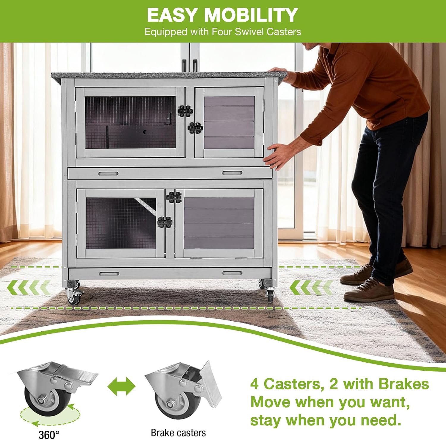 Outdoor Rabbit Hutch Indoor Bunny on Wheels Large Guinea Pig Cage with Run for Any Small Animals,Removable Pull Out Tray