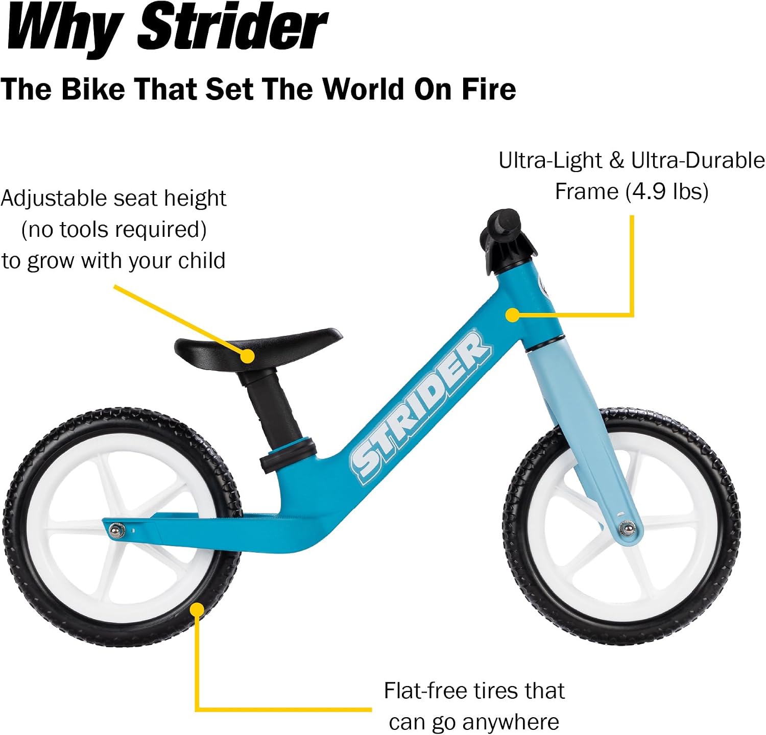 Strider 12 Comp, No Pedal Balance Bike for Kids Ages 1–3 Years | No-Pedal Composite Bike, Adjustable Seat, Lightweight Frame, Easy Assembly, Durable All-Weather Plastic, Never Flat Tires