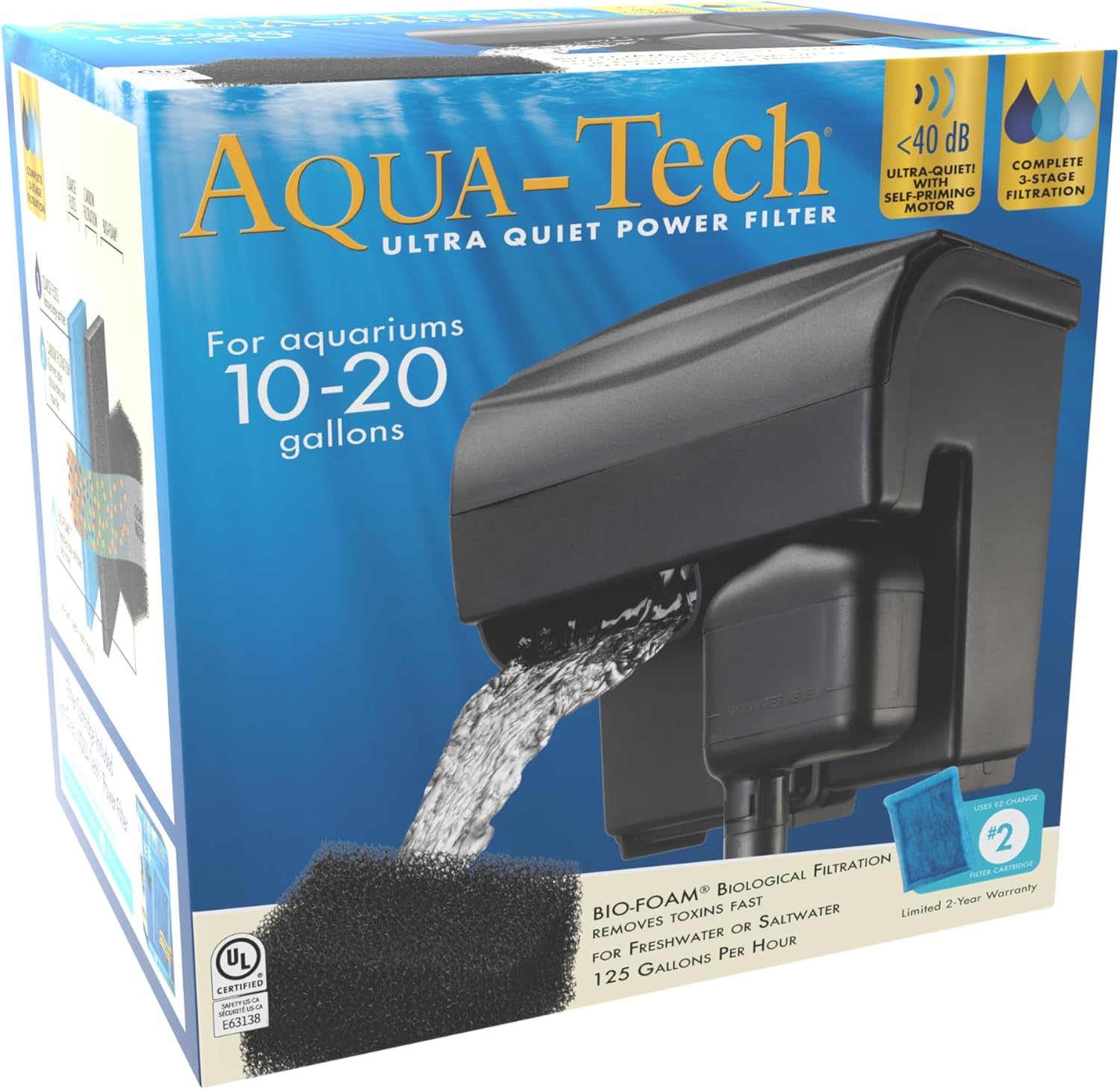 Aqua-Tech Ultra Quiet Power Filter, For Aquariums 20-40 Gallons