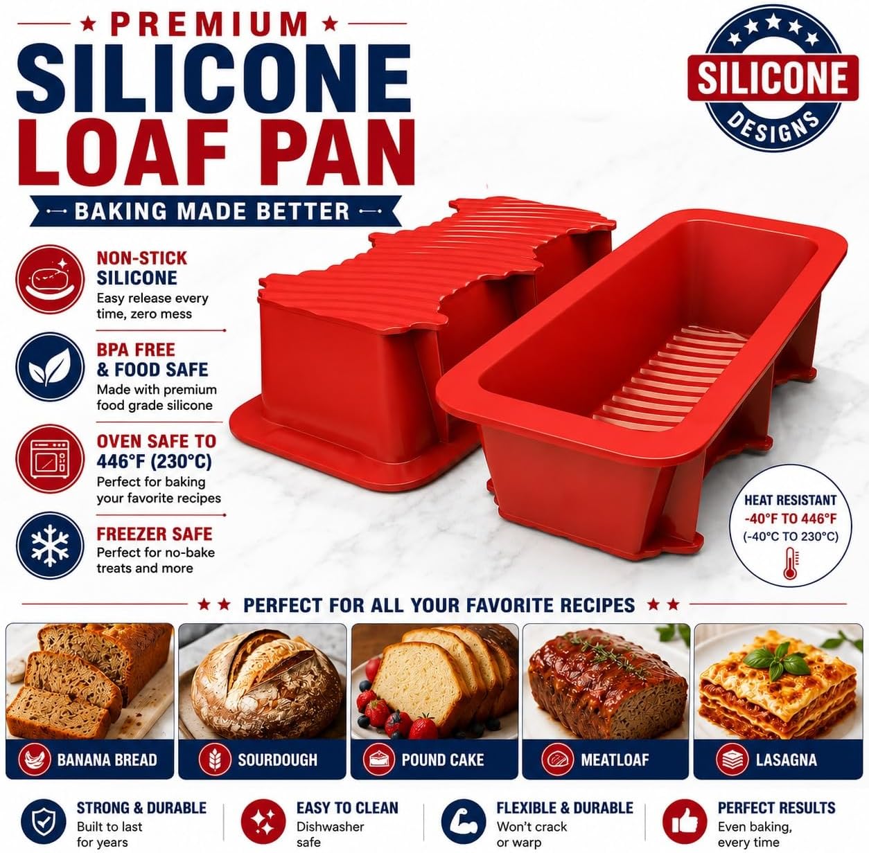 Silicone Large Bread Pan Set - Non-Stick 2PCS Baking Mold for Homemade Cakes, Breads, and Quiche | Premium Kitchen Pan | Dishwasher Safe 9.25L x 3.9W