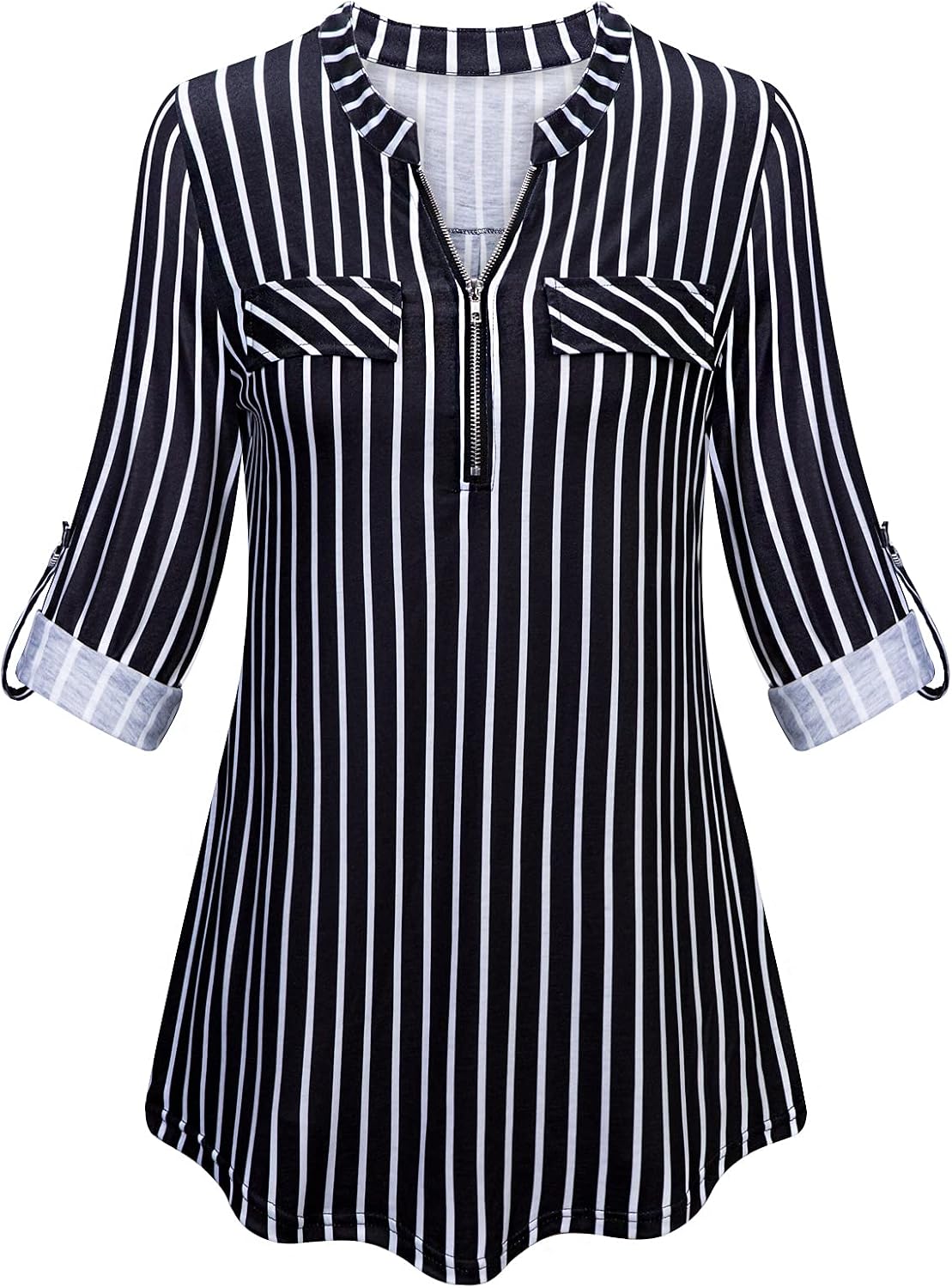 Tanst Sky Womens Casual Long Sleeve Zipped V Neck Plaid Tunic Blouses