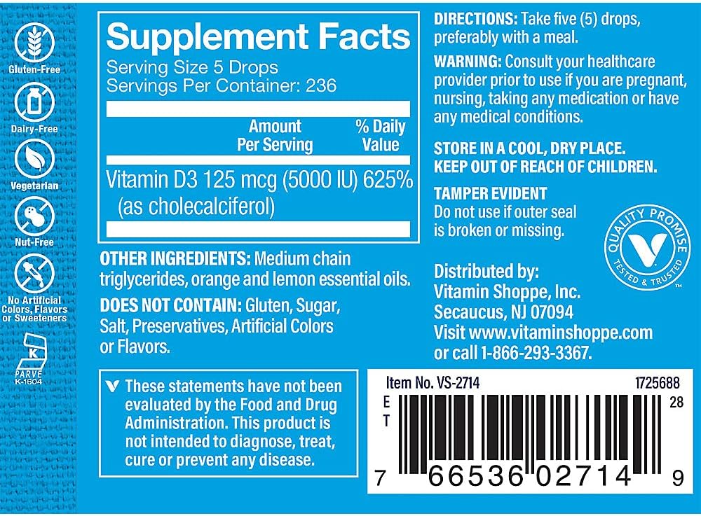 The Vitamin Shoppe Vitamin Liquid D3 5000IU, Supports Bone & Immune Health, Aids in Healthy Cell Growth & Calcium Absorption, Citrus Flavor