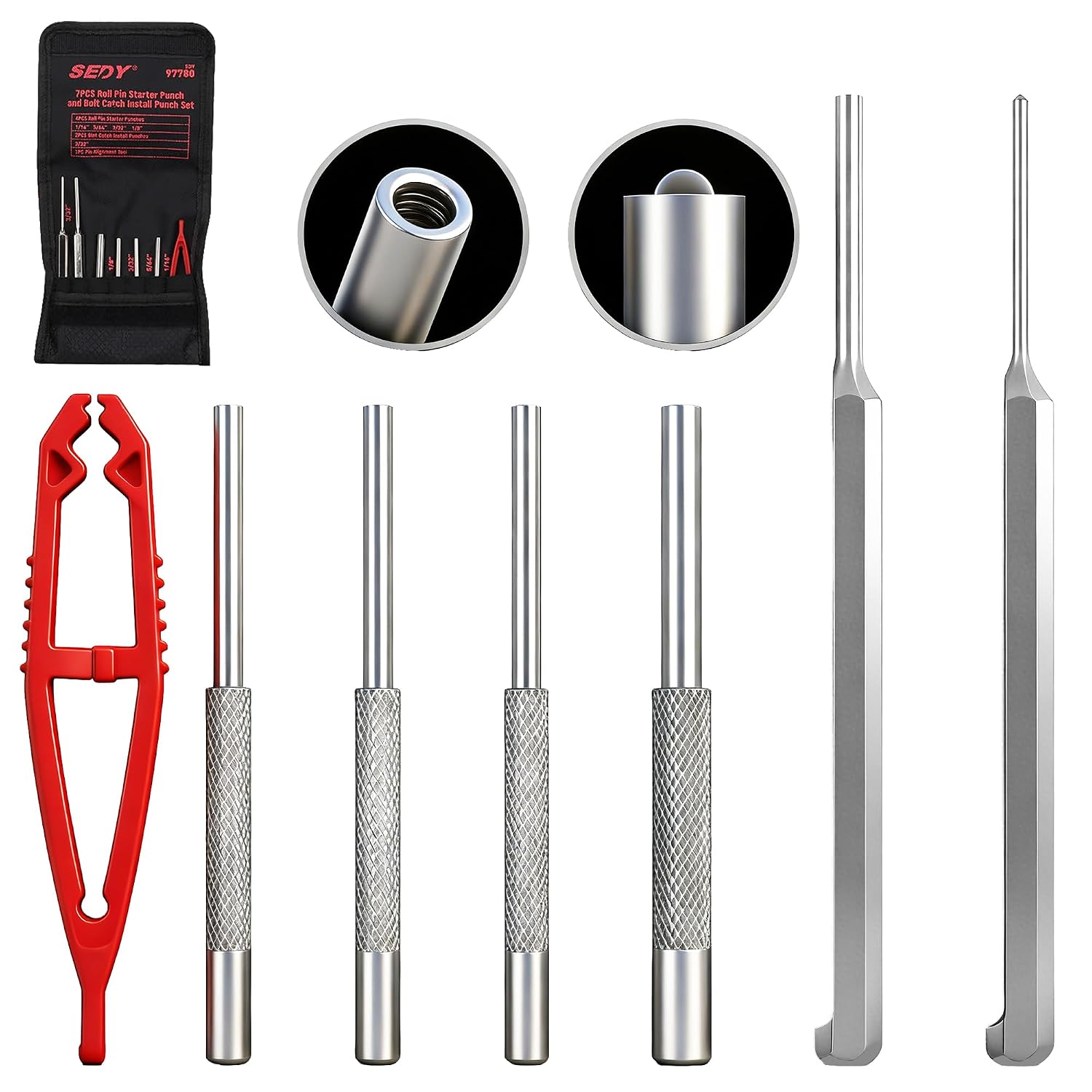 Premium 7-Piece Roll Pin Starter Punch and Bolt Catch Install Punch Set - 1/16, 5/64, 3/32, 1/8-inch