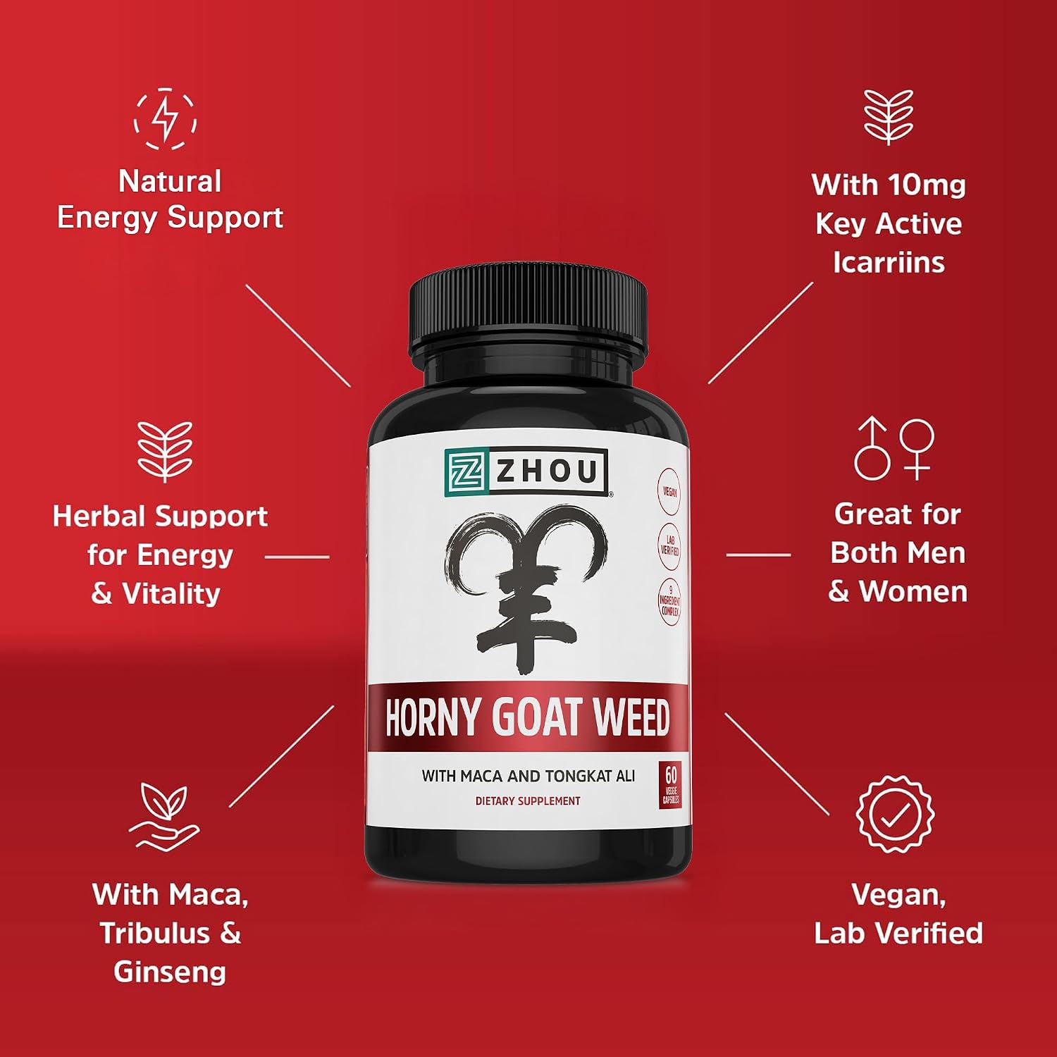 Zhou Horny Goat Weed - Herbal Extract for Men & Women - 60 Veggie Capsules | Supplement with Maca, Tribulus, Tongkat Ali & Ginseng