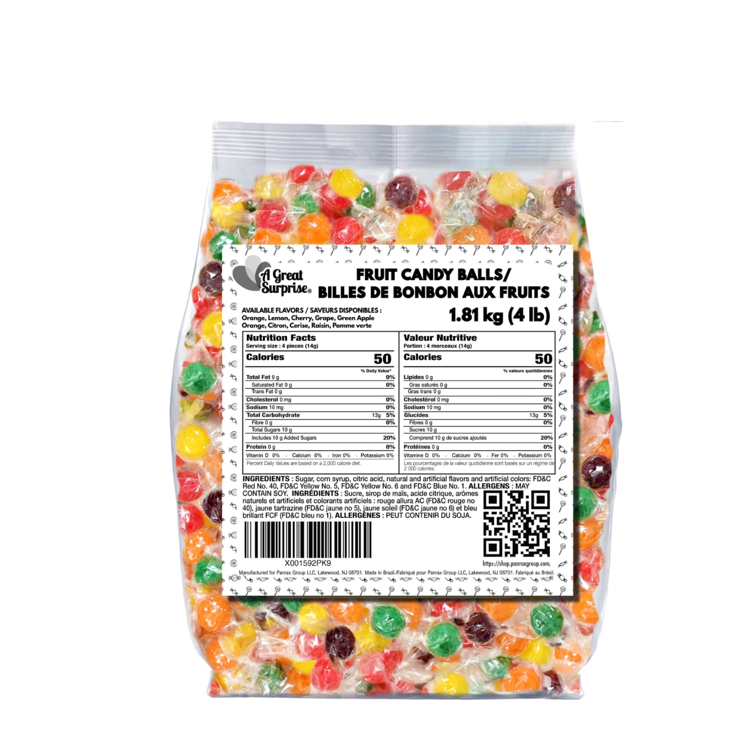 Assorted Fruit Balls Hard Candy, 4 lb Sour Variety, Office Candies | Approx. 520 Pcs, orange, lemon, grape, green apple and cherry sweets for offices, desks, classrooms
