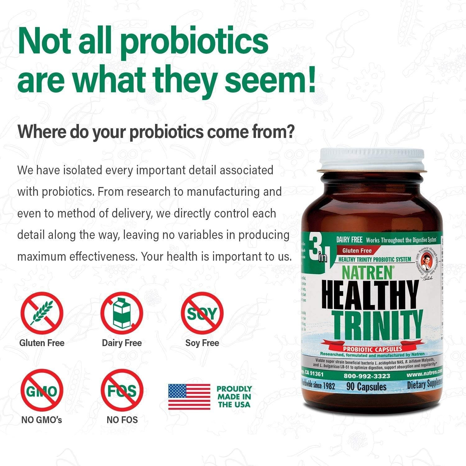 Natren Healthy Trinity Probiotics Supplement - 90 Dairy and Gluten Free Gel Capsules - Improve Gut and Digestive Health