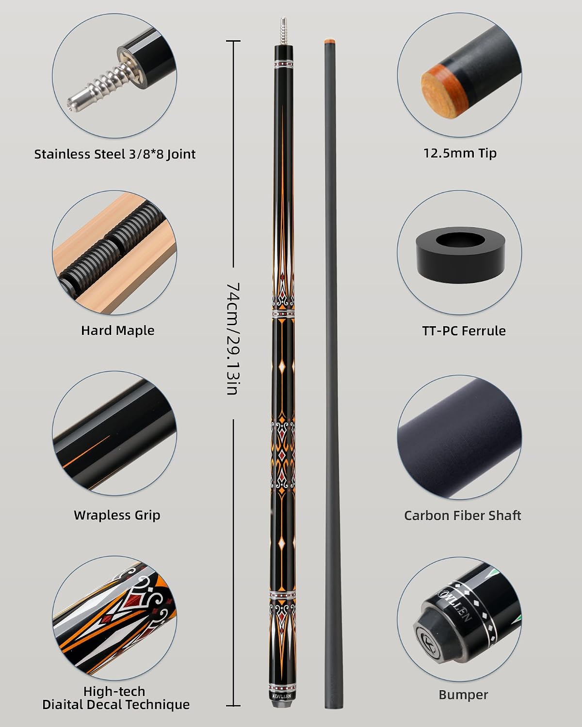 KONLLEN Carbon Fiber Pool Cue Stick 58-inch Professional Pool Sticks for Adults Full Carbon Technology Low Deflection Pool Cue Billiard Cues with 12.5mm Tip (Easy to Control, Pro Taper, Ultra-Smooth)