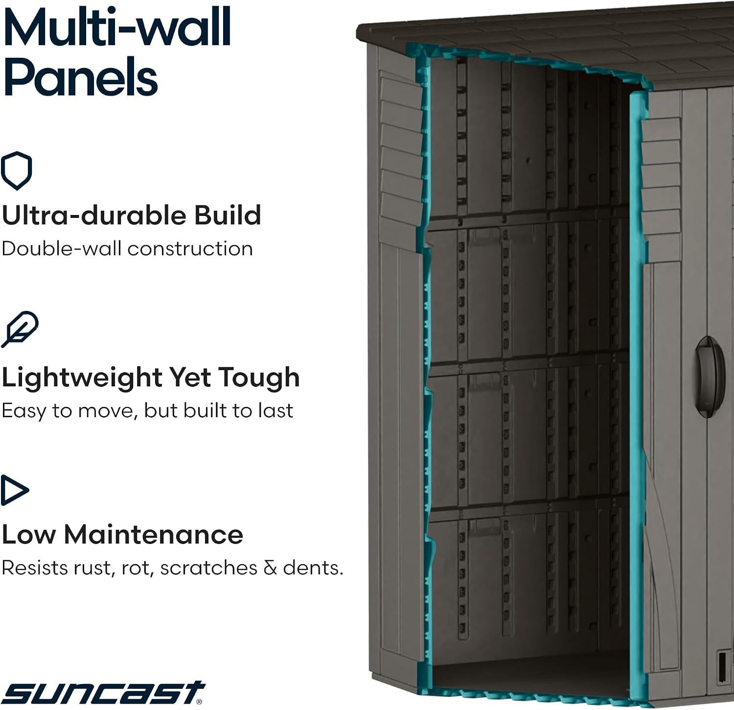 Suncast Outdoor Storage Shed, Water Resistant Resin Vertical Outdoor Storage Cabinet for Patio, Garden Tools, Cushions, & Equipment, Weatherproof Multi-Wall Design, 54 cu. ft., Made in USA