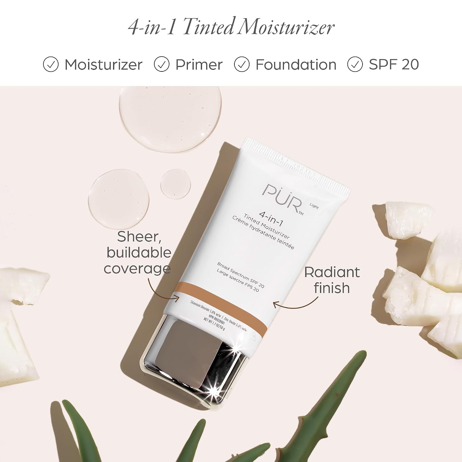 PÜR MINERALS 4-in-1 Tinted Moisturizer With SPF 20 - Hydrating Face Moisturizer, Primer, & Foundation With Shea Butter