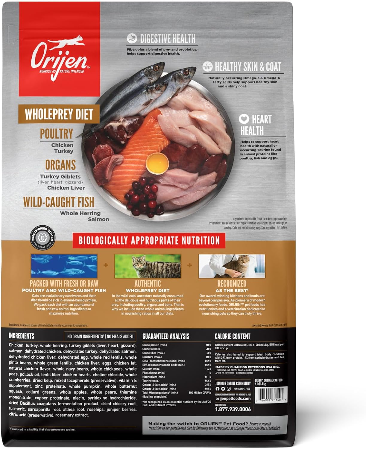 ORIJEN Grain Free WHOLEPREY Dry Cat Food Original Recipe 4lb. Bag | 90% Animal Ingredients, Freeze Dried, Fresh or Raw Ingredients, High Protein, Heart Health, Free-Run Poultry