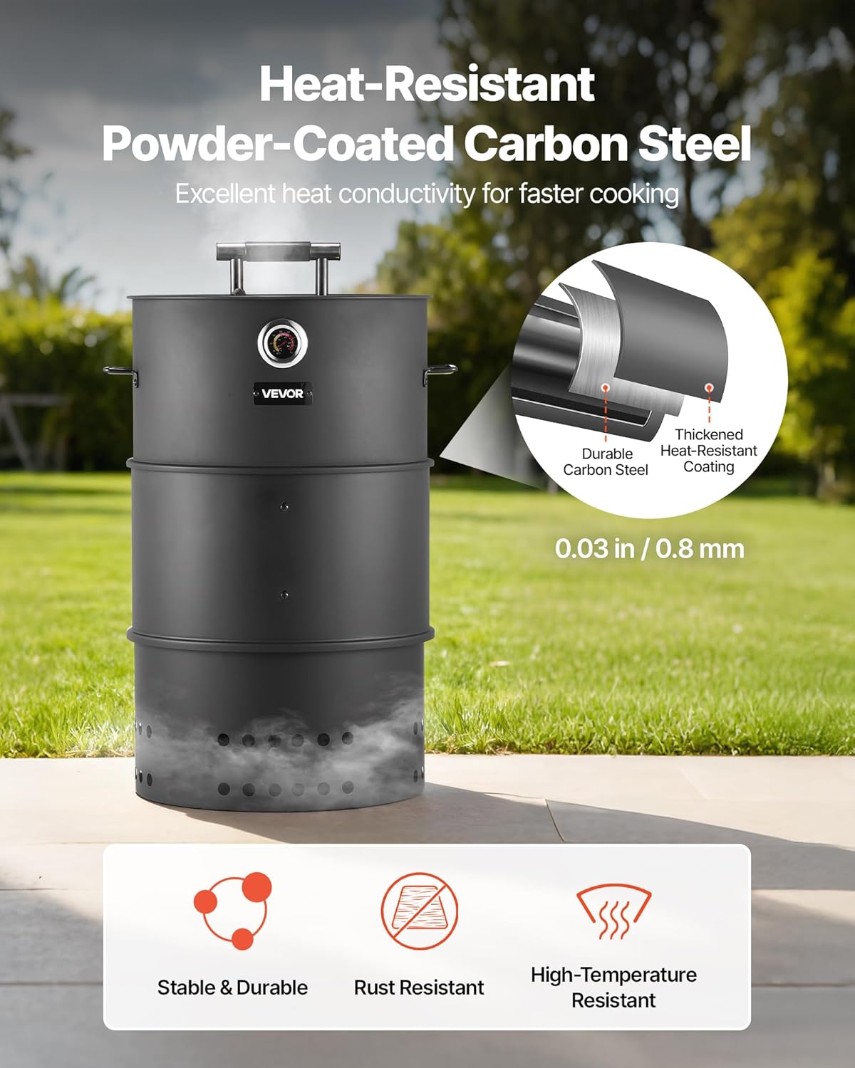 VEVOR Charcoal Smoker Grill, 18.5" Barrel Charcoal BBQ Smoker, Coated Steel Outdoor Barbecue Grill with 2 Grilling Grates, 1 Hanging Rod