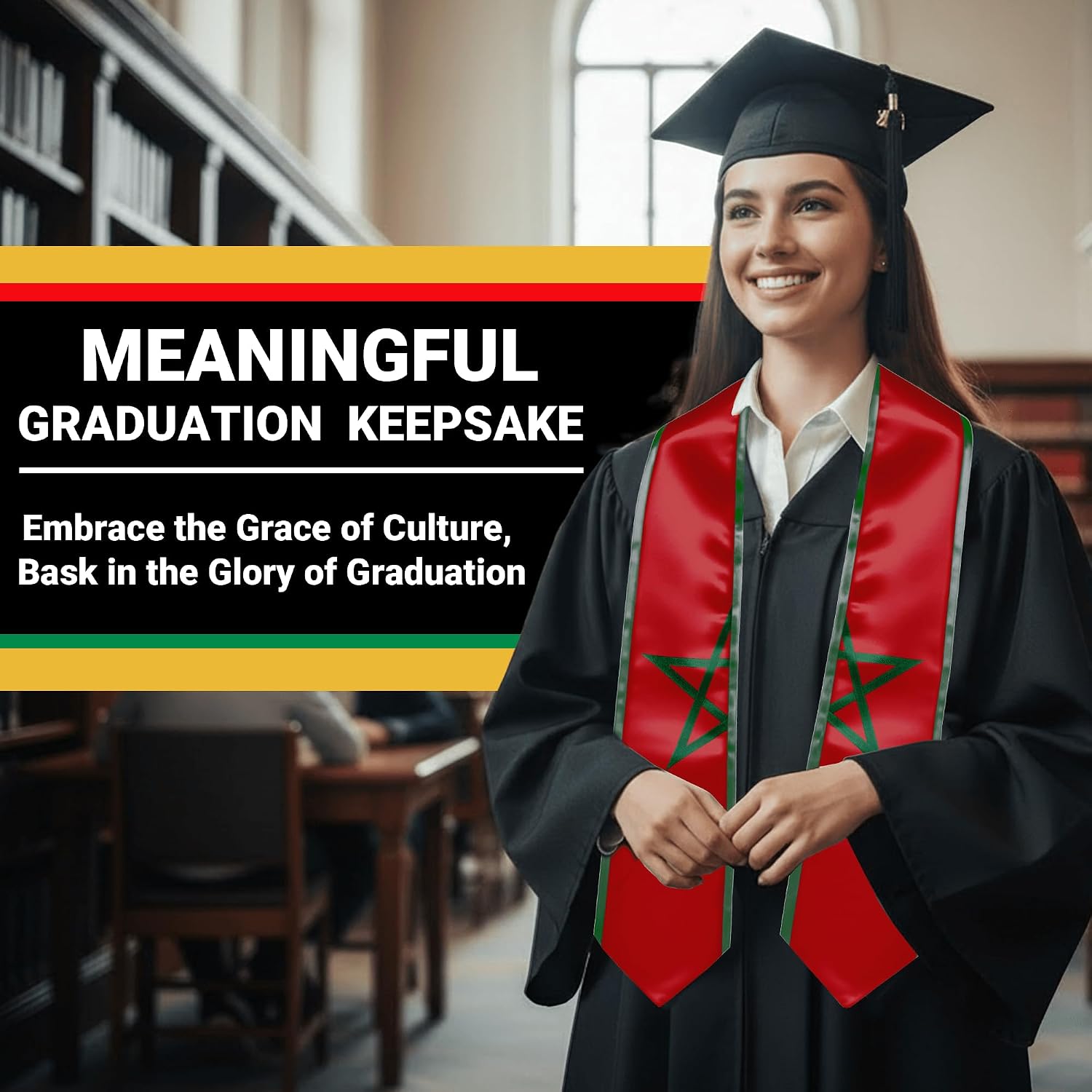 YOXEULL National Flag Embroidered Graduation Stole with Trim, Graduation Sash Graduates Gift, 72"