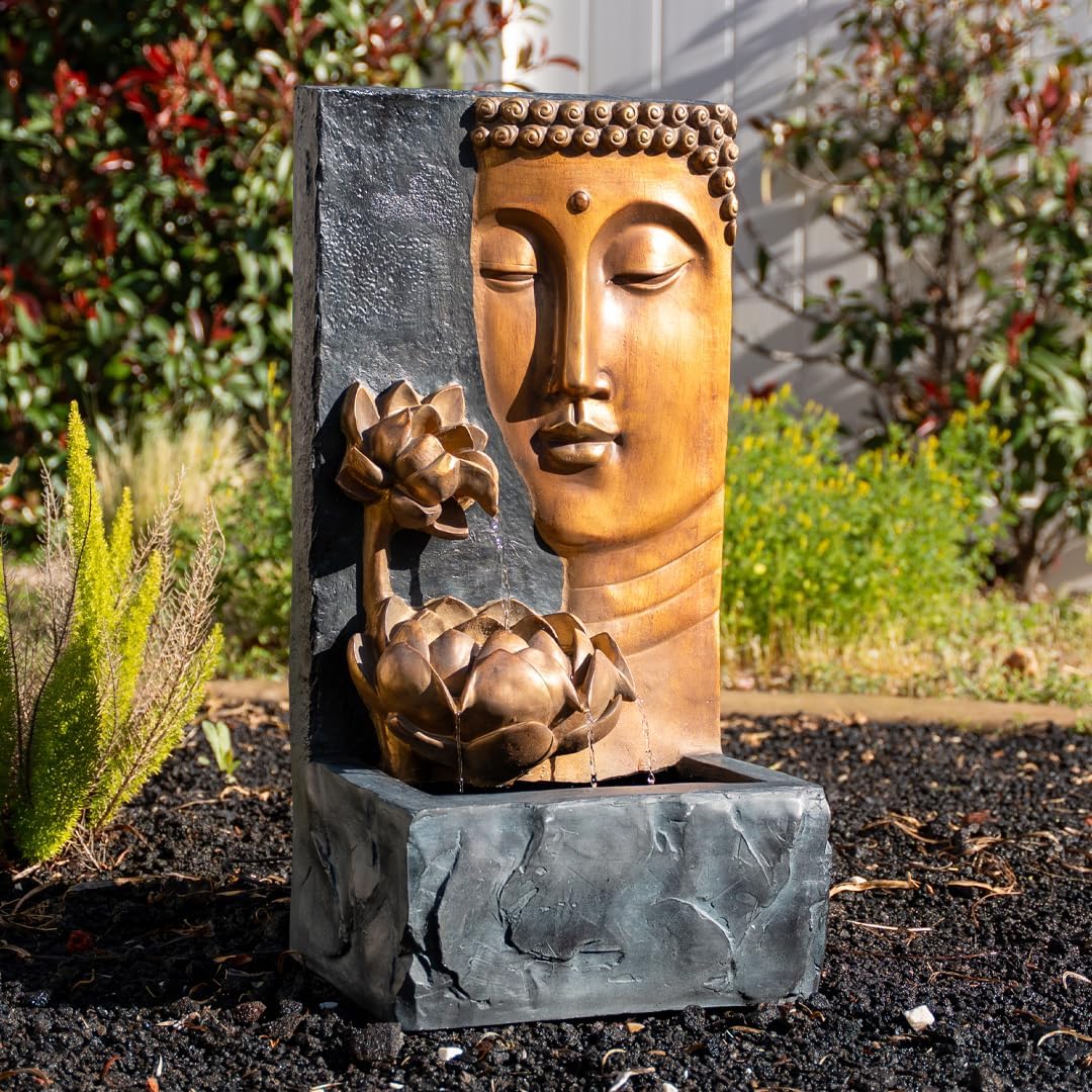 XBrand 30" H Zen Buddha Face Water Fountain w/LED Light & Pump, Indoor/Outdoor Freestanding, Relaxing Zen Décor