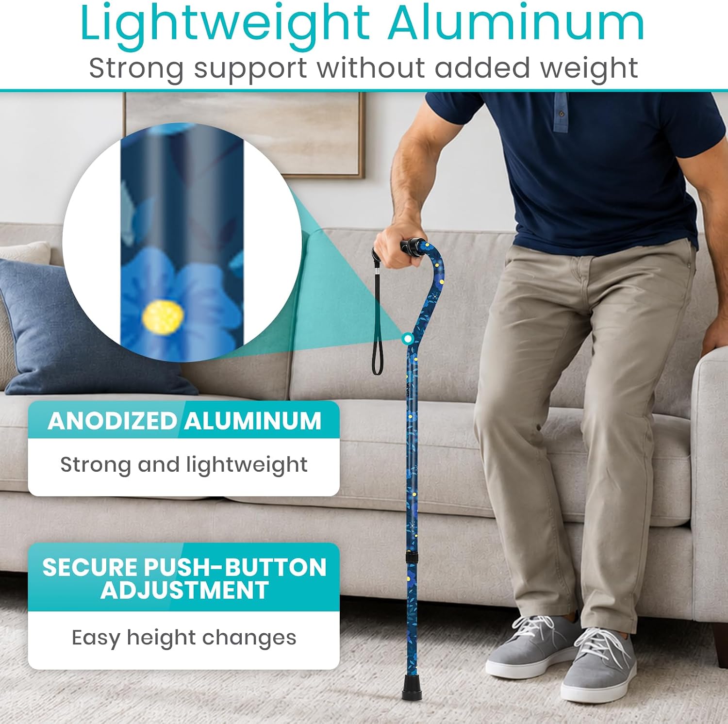 Vive Walking Cane for Women, Men, Elderly - Patented Offset Grip - Lightweight Adjustable Walking Aid with a Non-Slip Tip - Sturdy Balancing Mobility Aid for Seniors