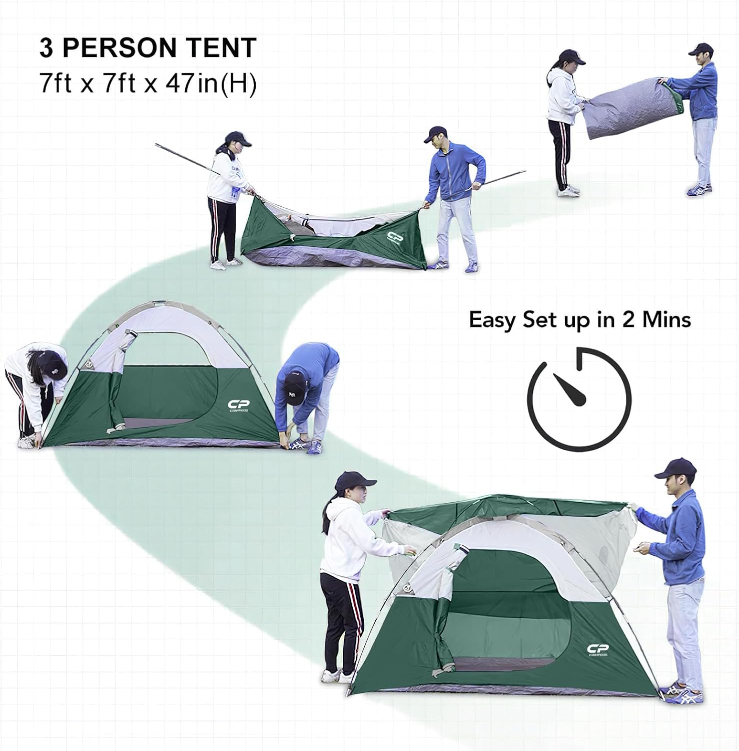 CAMPROS CP 3 Person Tent, Waterproof Dome Tents for Camping with Rainfly
