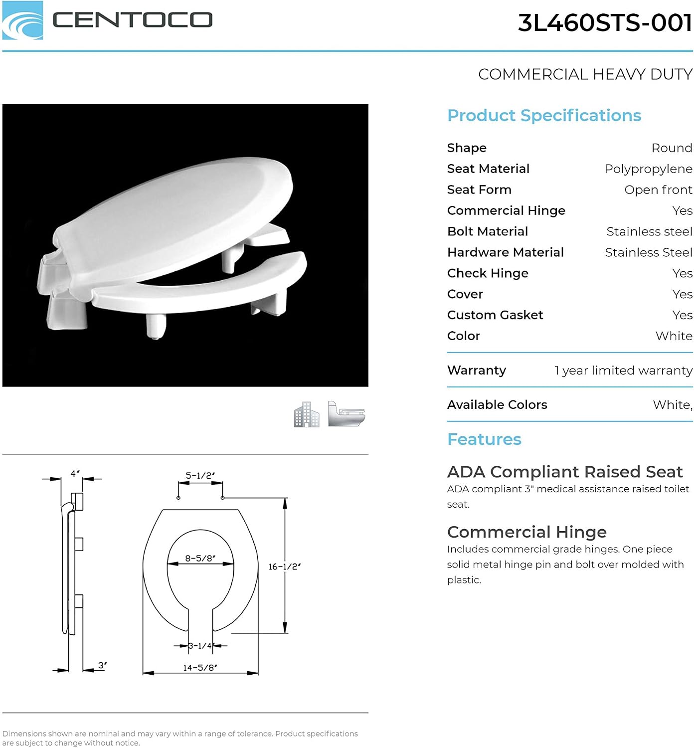 Centoco 3 inch Raised Toilet Seat for Seniors, Elongated, White | Closed Front, Cover, Plastic, 3L800STS-001, Made in the USA