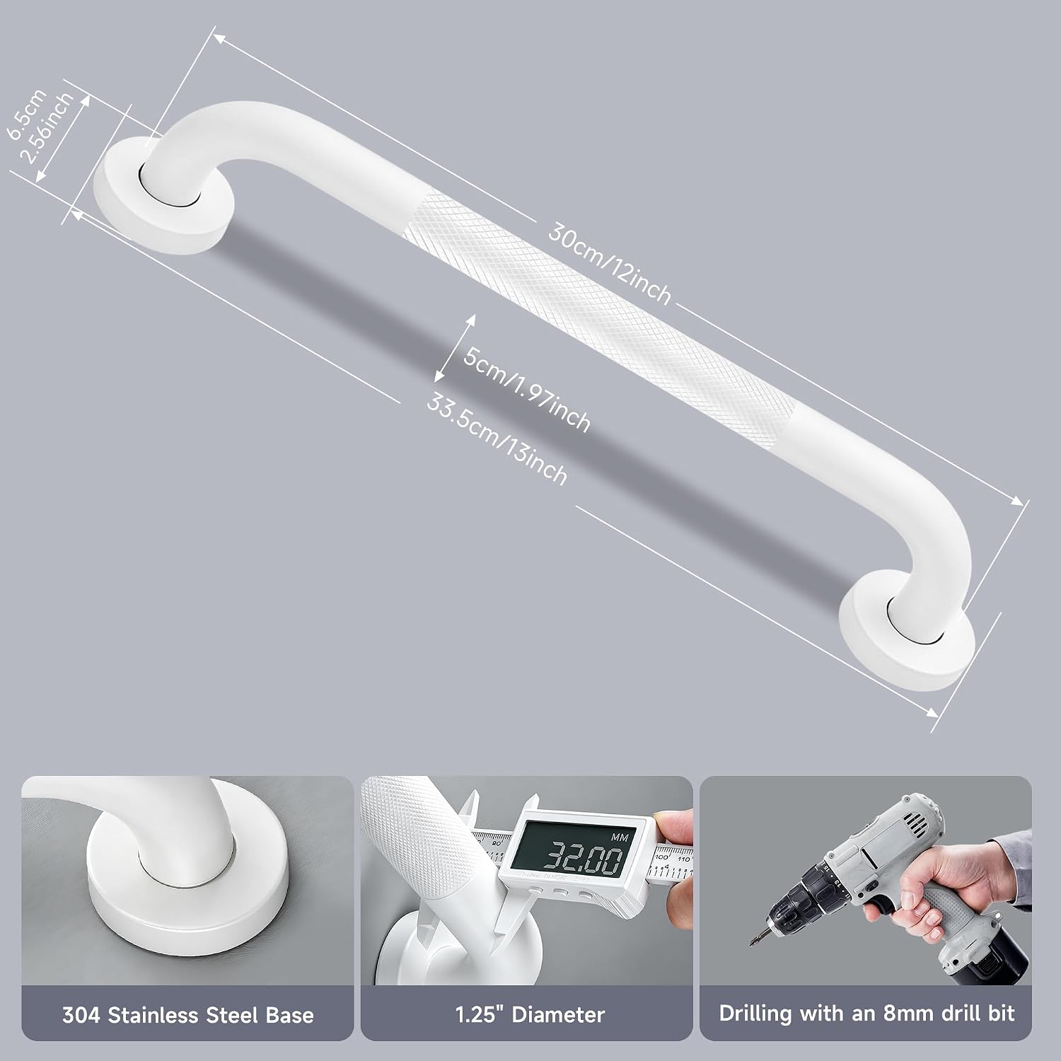 12 Inch Shower Grab Bar 1.25" Dia,Brushed Nickel Anti Slip Bathroom Grab Bar, 304 Stainless Steel Knurled Handicap Grab Bars, Safety Support Handrail,Bath Shower Handle for Elderly Injury Senior