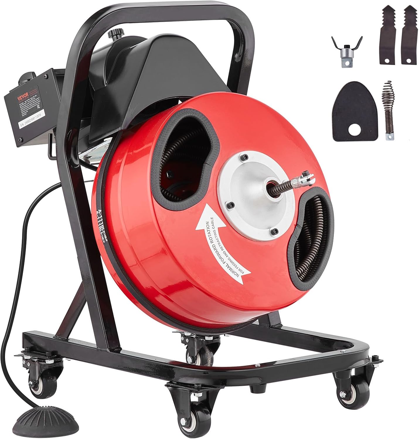 VEVOR Drain Cleaner Machine 100 FT x 3/4 Inch, Auto Feed Sewer Snake Auger, Portable Drain Cleaning Machine with Multi-Wheel Combination, 6 Cutters & Air-Activated Foot Switch for 4" to 8" Pipes