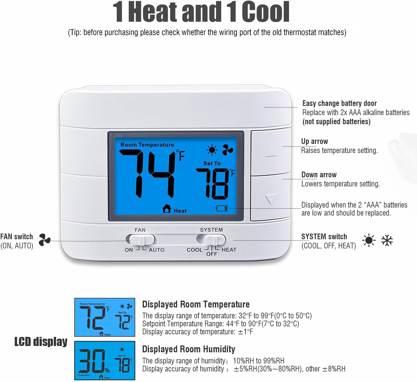Aowel 1 Heat/ 1 Cool Non-Programmable Thermostat for Conventional System