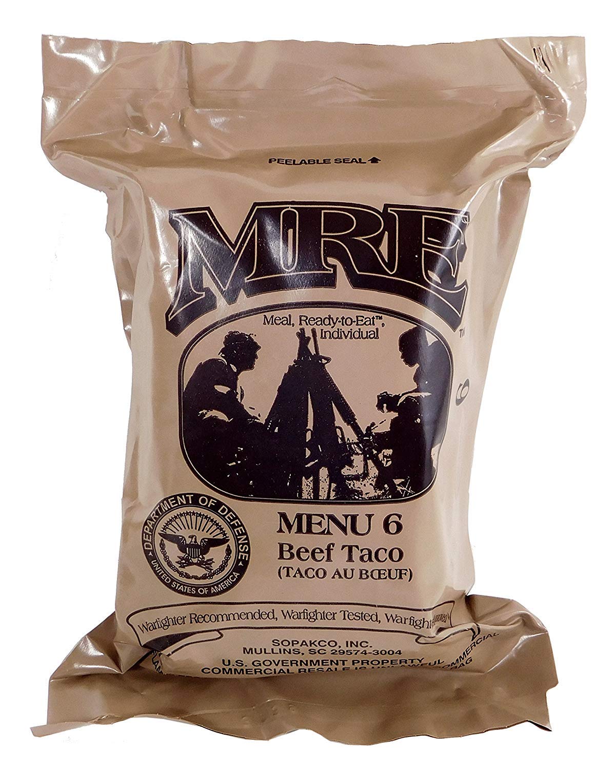 Beef Taco MRE Meal, Genuine Military, Sept 2017+ Inspection | Genuine Military MRE, Beef Taco flavor, verified inspection date September 2017 or newer