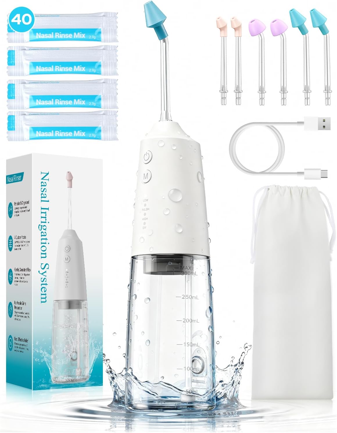 Nasal Irrigation System with 40 Saline Packets, 15s Quick Relief, Nettie Pot Sinus Rinse with 4 Speeds, 1000mah USB-C Charging