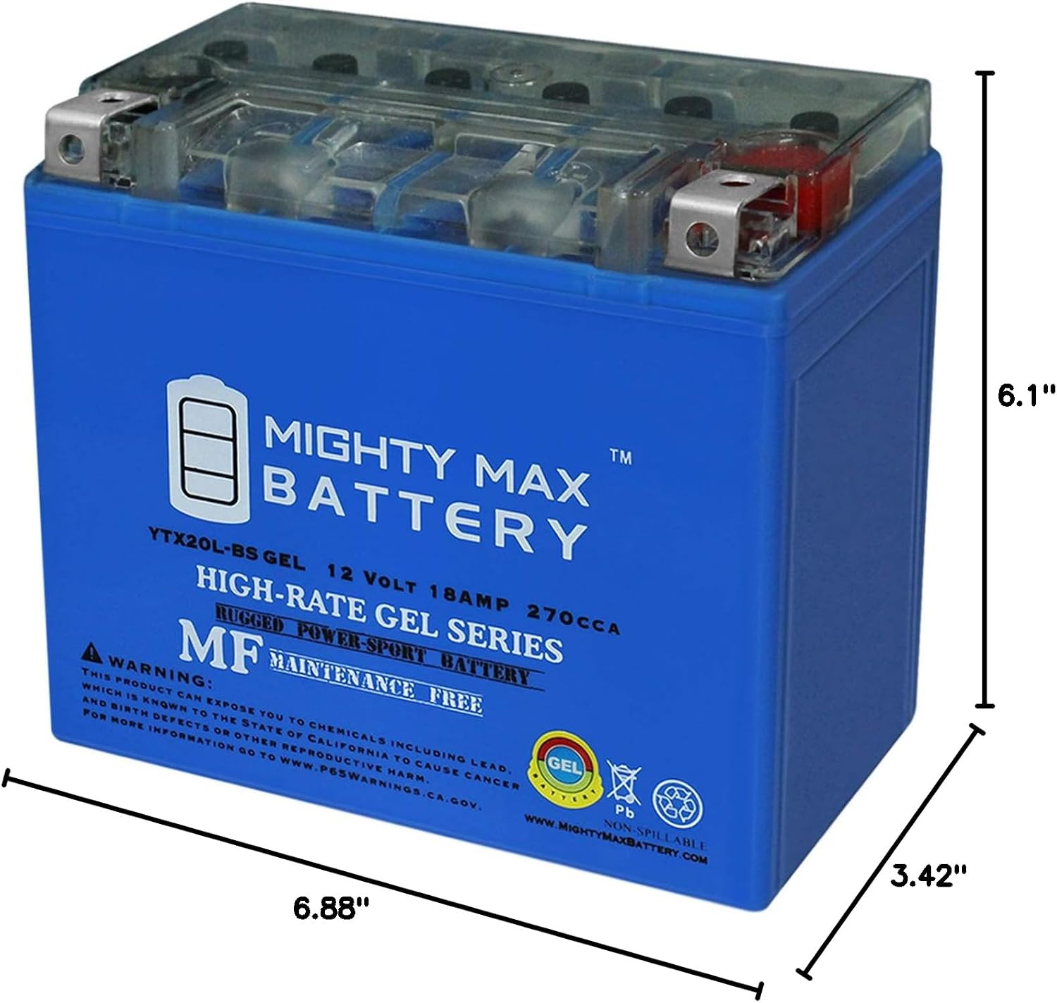 Mighty Max Battery YTX20L-BS GEL -12 Volt 18 AH, GEL Type, 270 CCA, Rechargeable Maintenance Free SLA AGM Motorcycle Battery