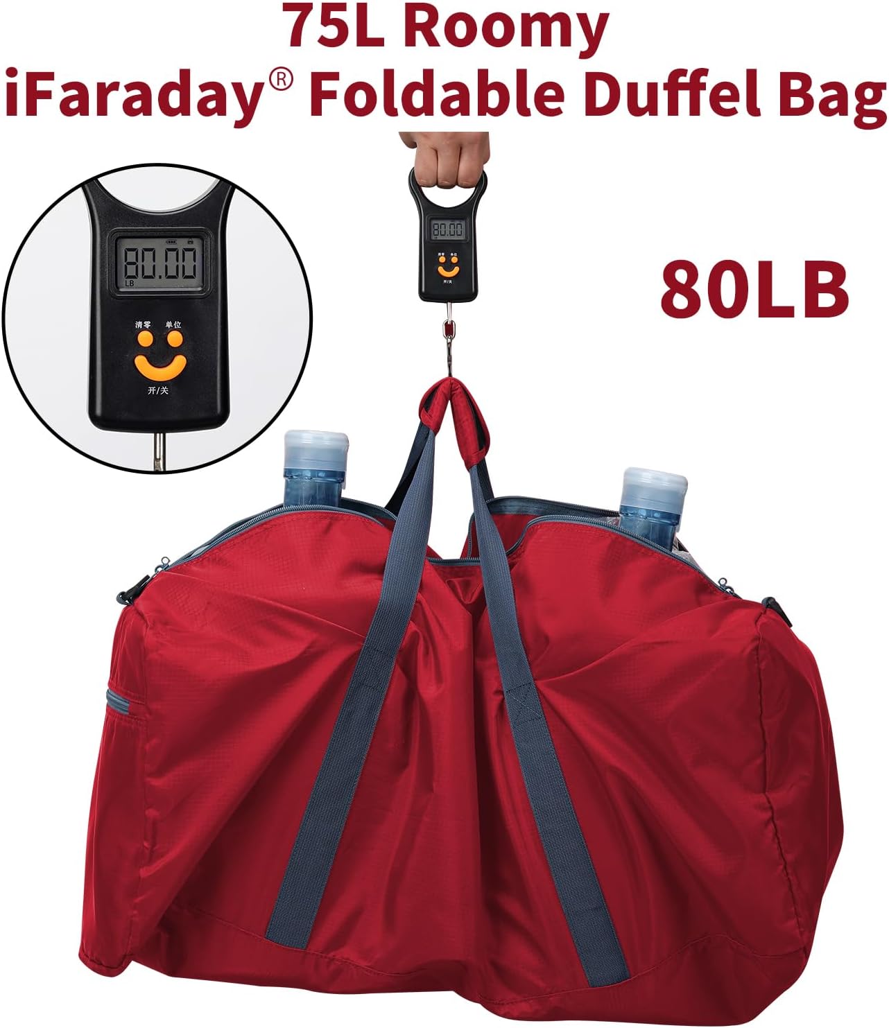iFARADAY Foldable Duffel Bag Lightweight, 30 inch / 75L, Royal Blue