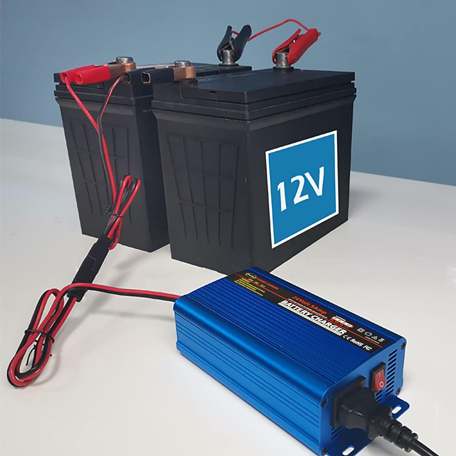 Unocho 24V 5A Battery Charger Maintainer 4-Stage Smart Lead-Acid Charger with 3-Pin XLR Connector Power Switch and LED Display for Wheelchairs Mobility Scooters AGM Gel SLA VRLA