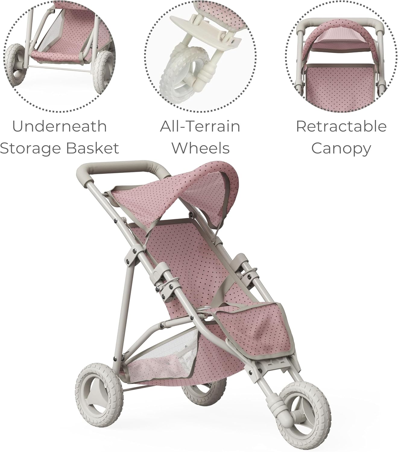 Olivia's Little World Doll Jogging-Style Stroller with Canopy, Storage Underneath, Pink and Cream and Gray | Canopy, Storage Underneath