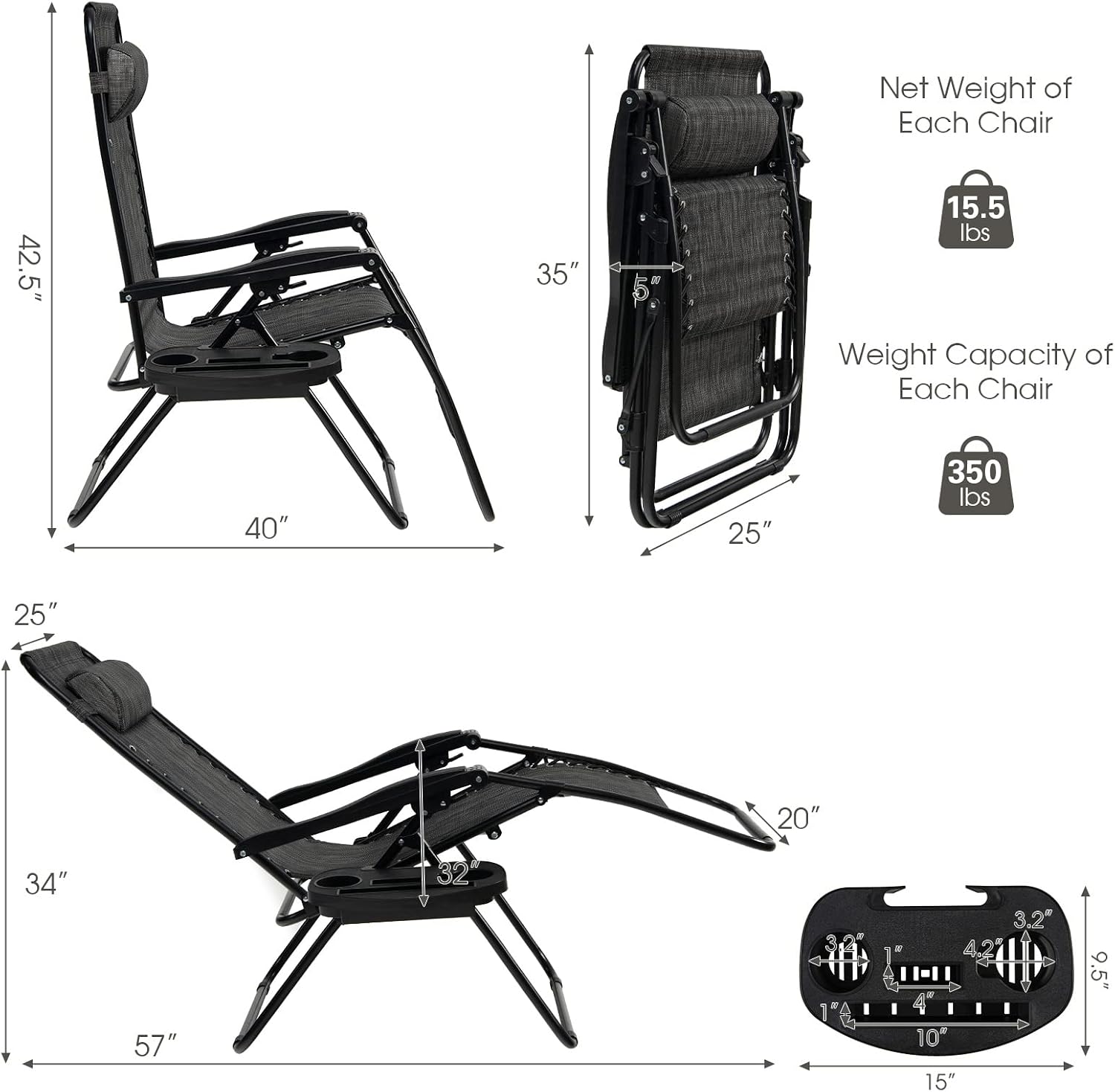 Goplus Zero Gravity Lounge Chairs, 160°Adjustable Folding Recliner w/Pillow and Cup Holder, 350LBS Comfy Outdoor Lounge Chairs for Patio, Lawn, Yard & Camp(1, Gray)