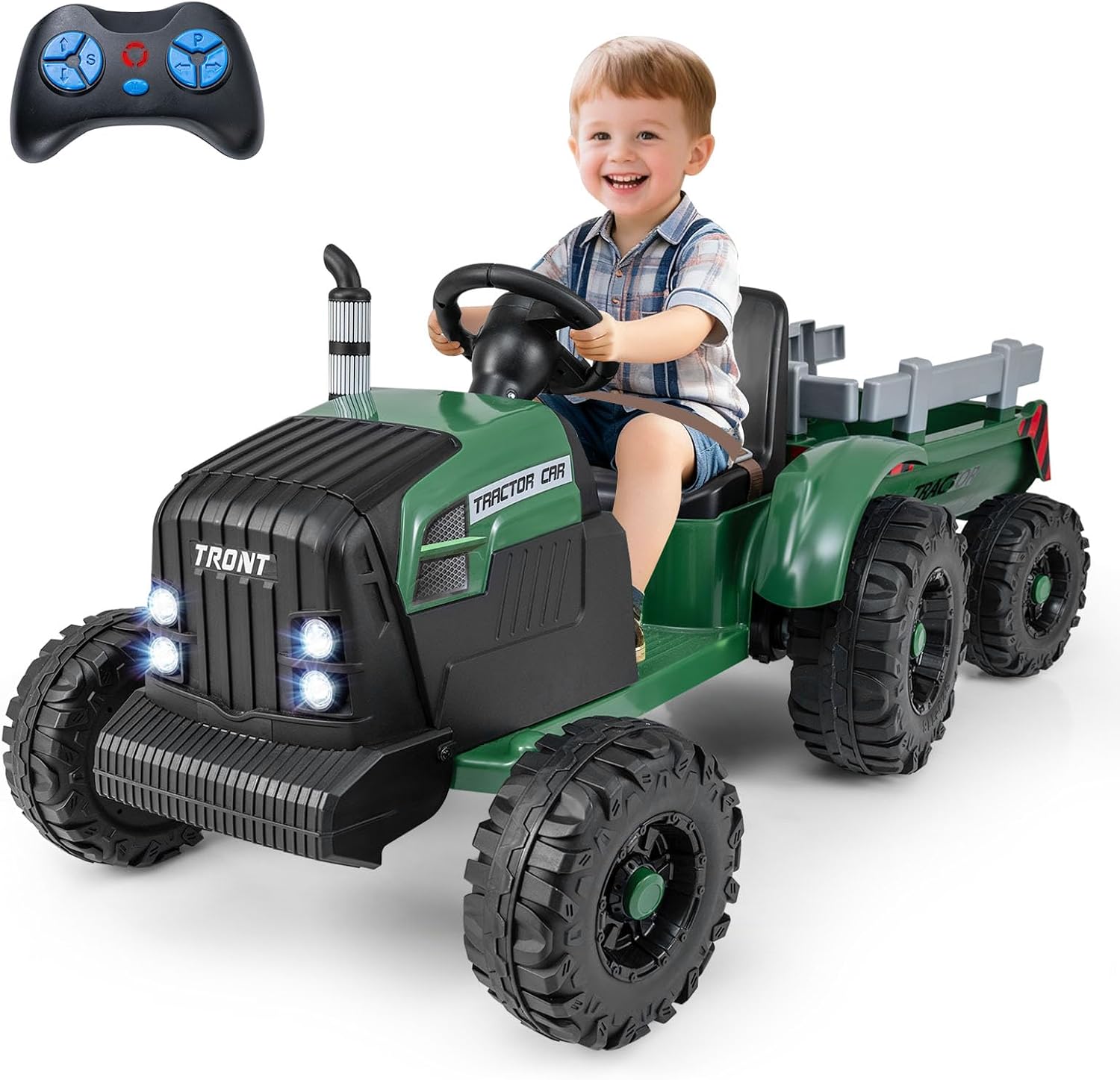 Costzon Ride on Tractor with Detachable Trailer, Kids' Electric Vehicles w/3-Gear-Shift Ground Loader, Wireless Design & USB, 7 LED Headlights
