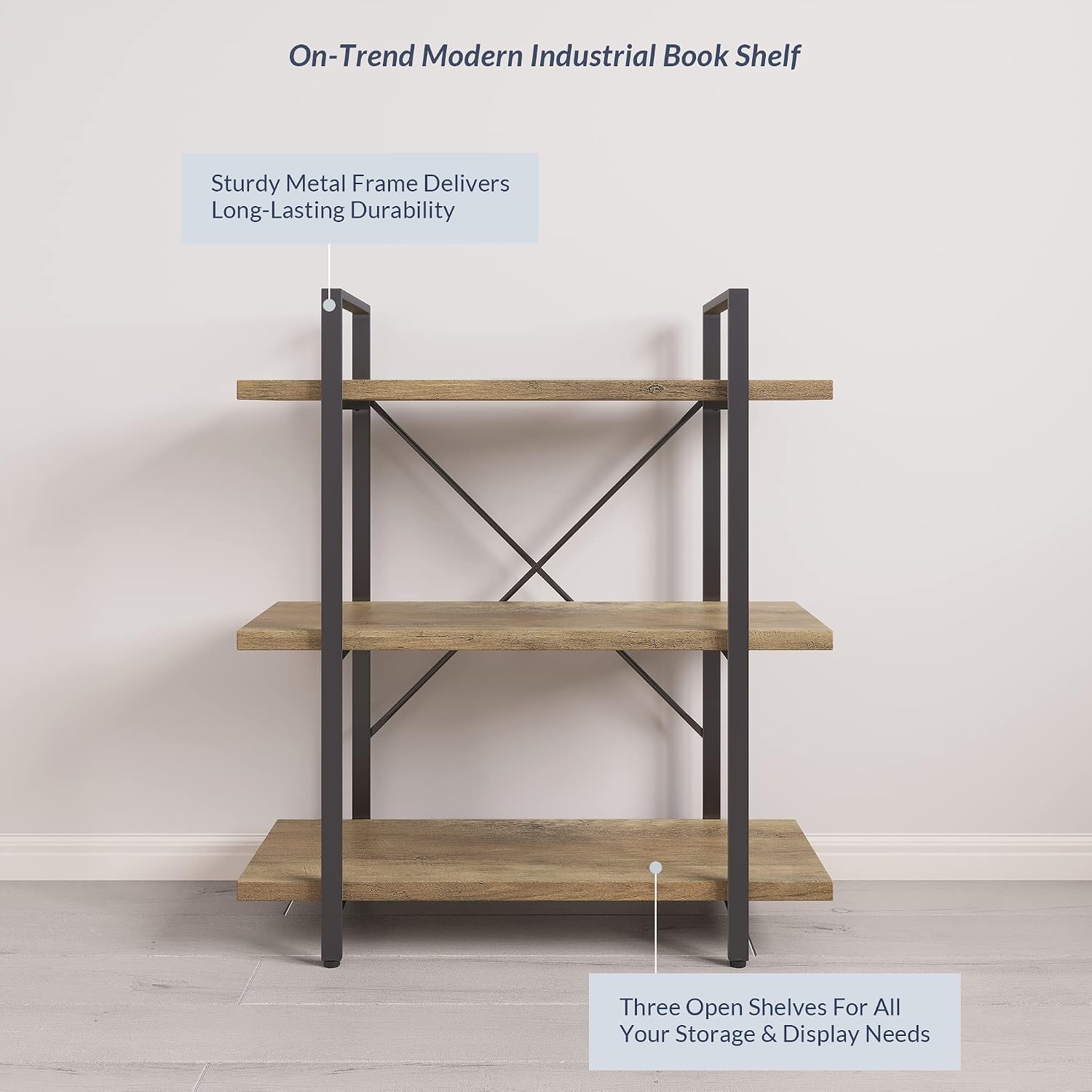 BELLEZE 4 Tier Modern Rustic Industrial Bookshelf, Open Wide Office Etagere Book Shelf