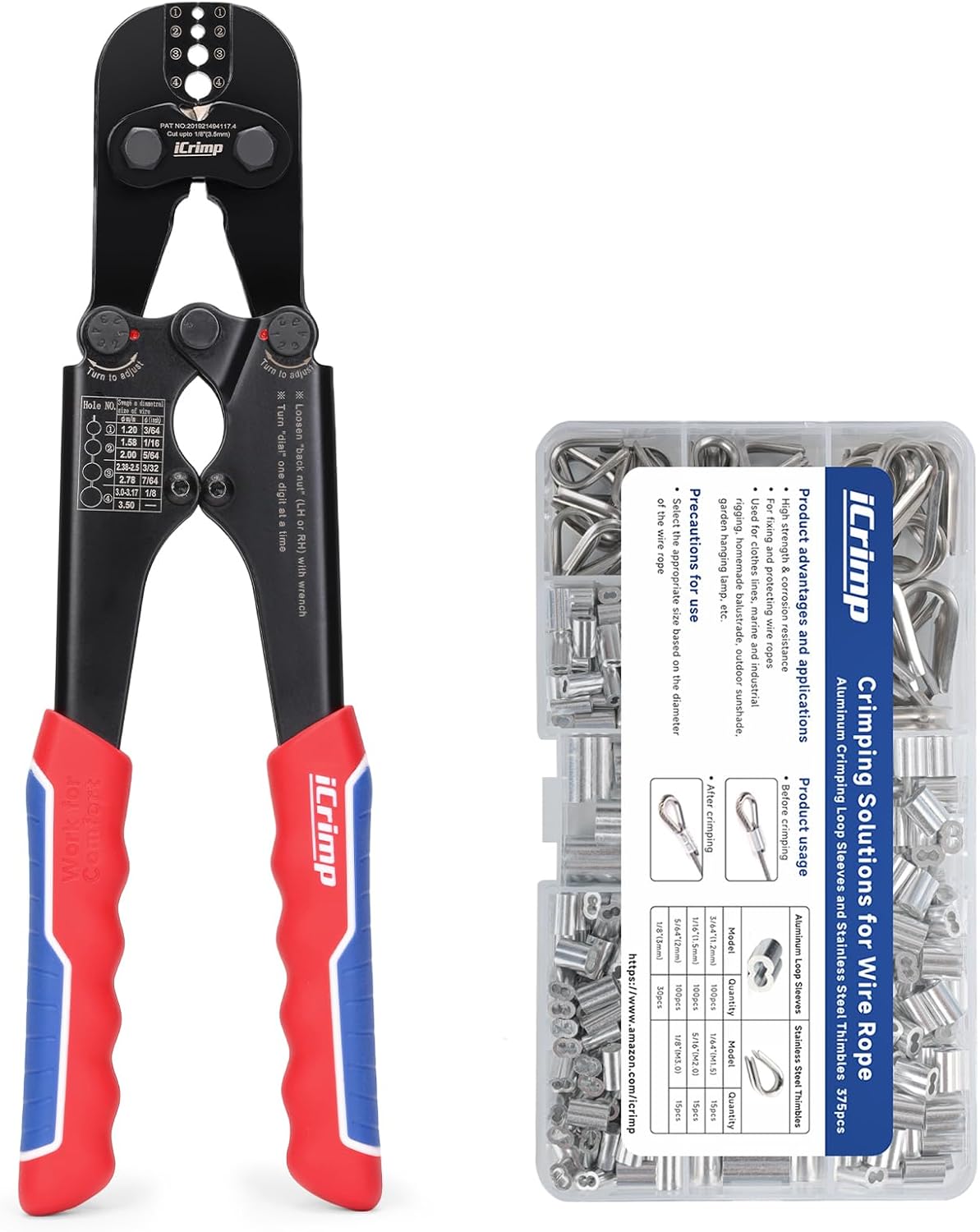 iCrimp IWS-1608M4 Wire Rope Crimper 3/64" to 1/8" 4 Dies | High carbon steel swaging tool for aluminum oval, double-barrel & annealed copper sleeves; ideal for railing, cable & fishing
