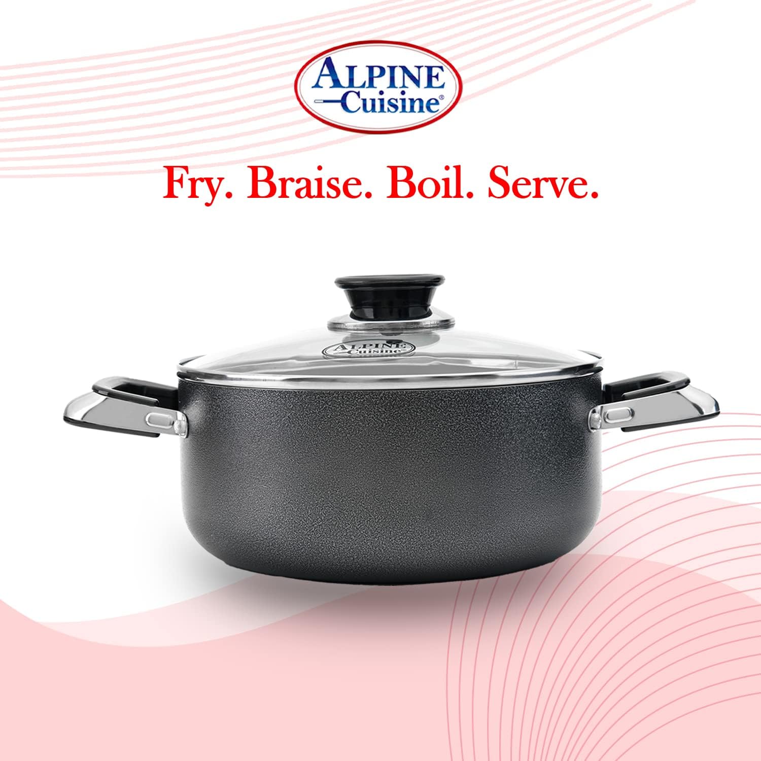 Alpine Cuisine 4 Quart Non-stick Stock Pot with Tempered Glass Lid and Carrying Handles, Multi-Purpose Cookware Aluminum Dutch Oven for Braising, Boiling, Stewing