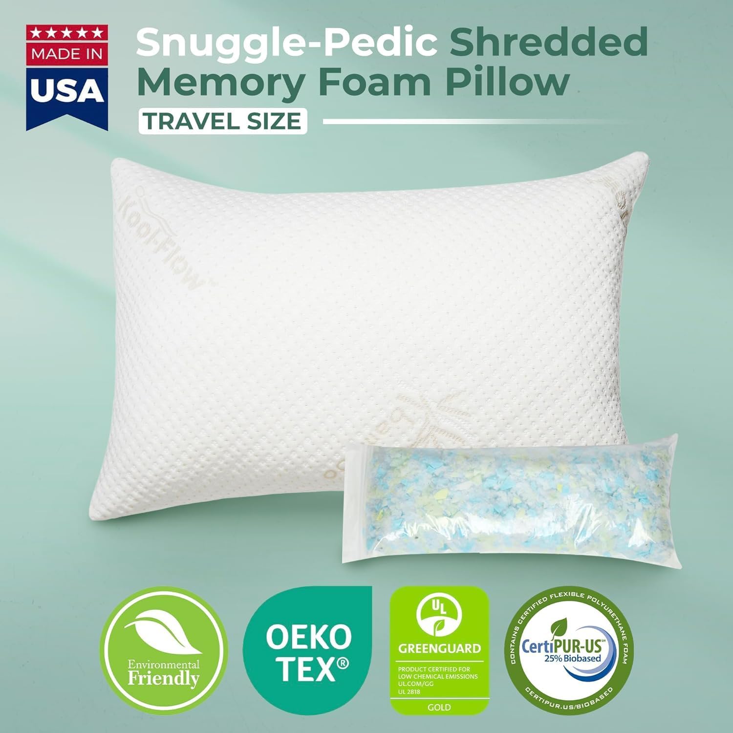 Snuggle-Pedic Adjustable Memory Foam Pillows - GreenGold Certified Pillow w/ Viscose of Bamboo Cover for Side, Stomach & Back Sleepers - Made in the USA - Standard