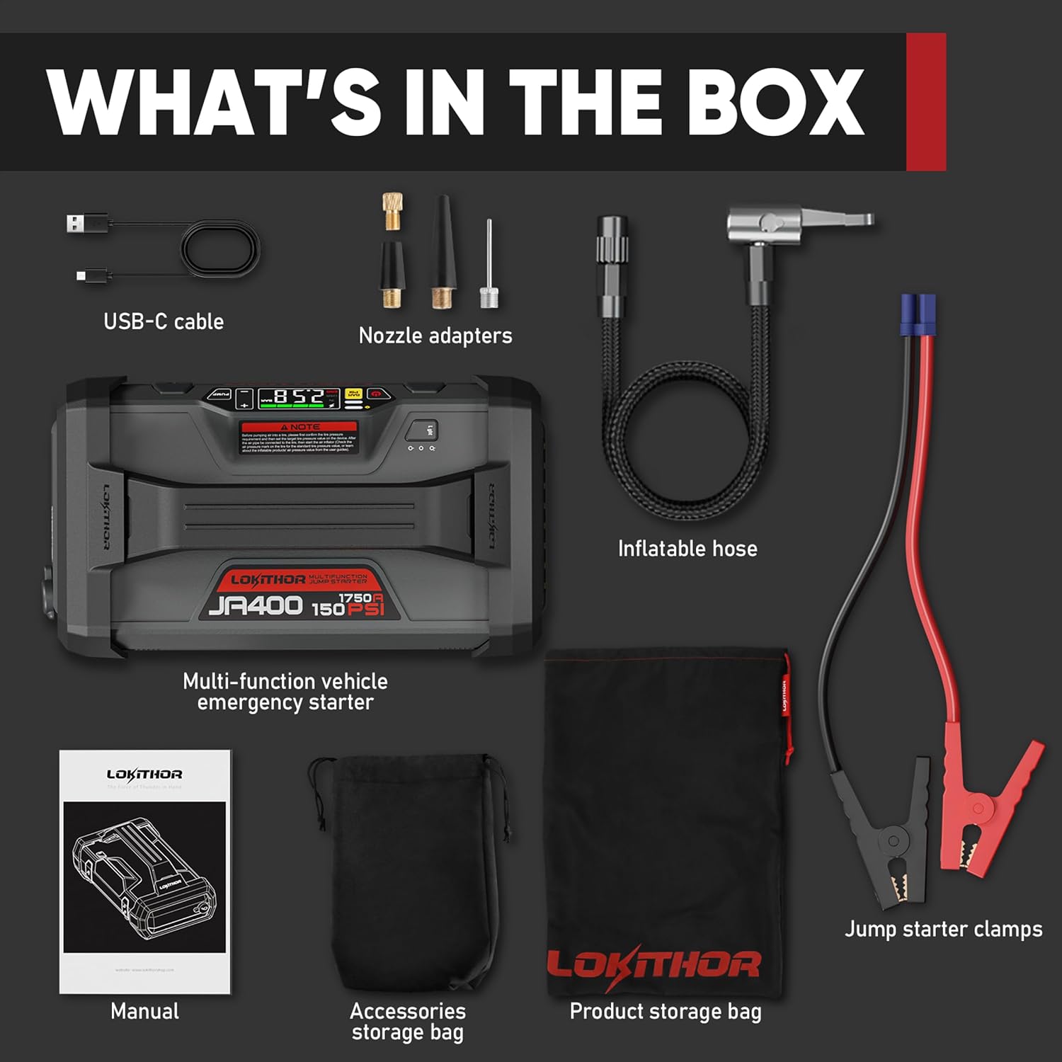 LOKITHOR JA400 Jump Starter with Air Compressor(7.5L Gas & 5.5L Diesel) | 1750A 12V Portable Jumper Box | 150PS 40LPM Tire Inflator, Digital Display