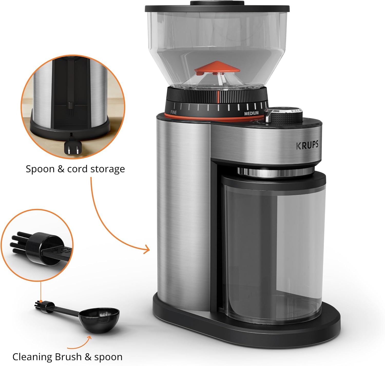 KRUPS Precision Burr Coffee Grinder: 12 Settings, 8 oz Capacity for Drip, French Press, Espresso, Pour Over, Cold Brew - Stainless Steel, 110W, Auto-Stop, Easy Clean - Coffee Grinders for Home Use