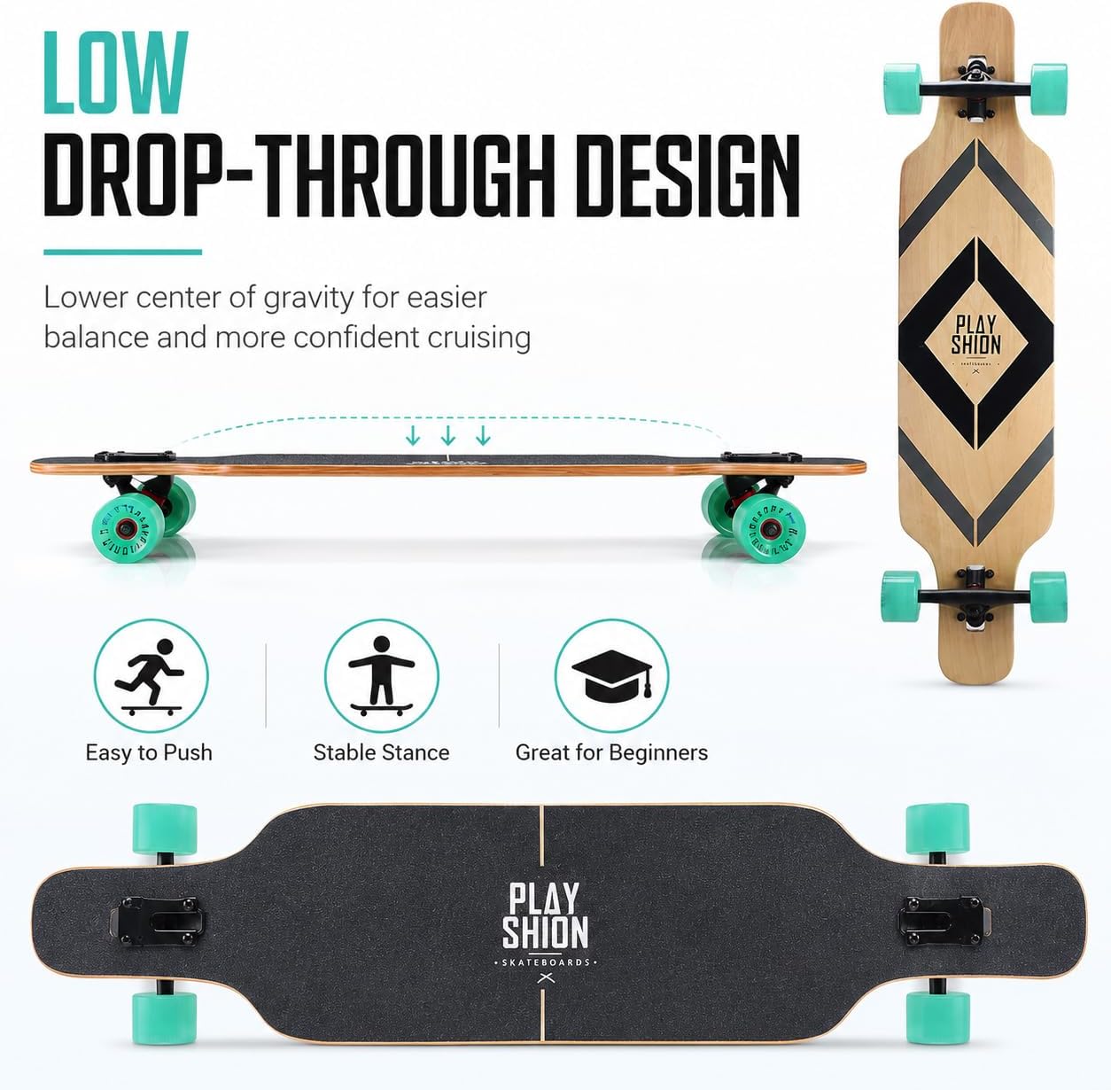 Playshion 39 Inch Drop Through Longboard Skateboard for Beginners