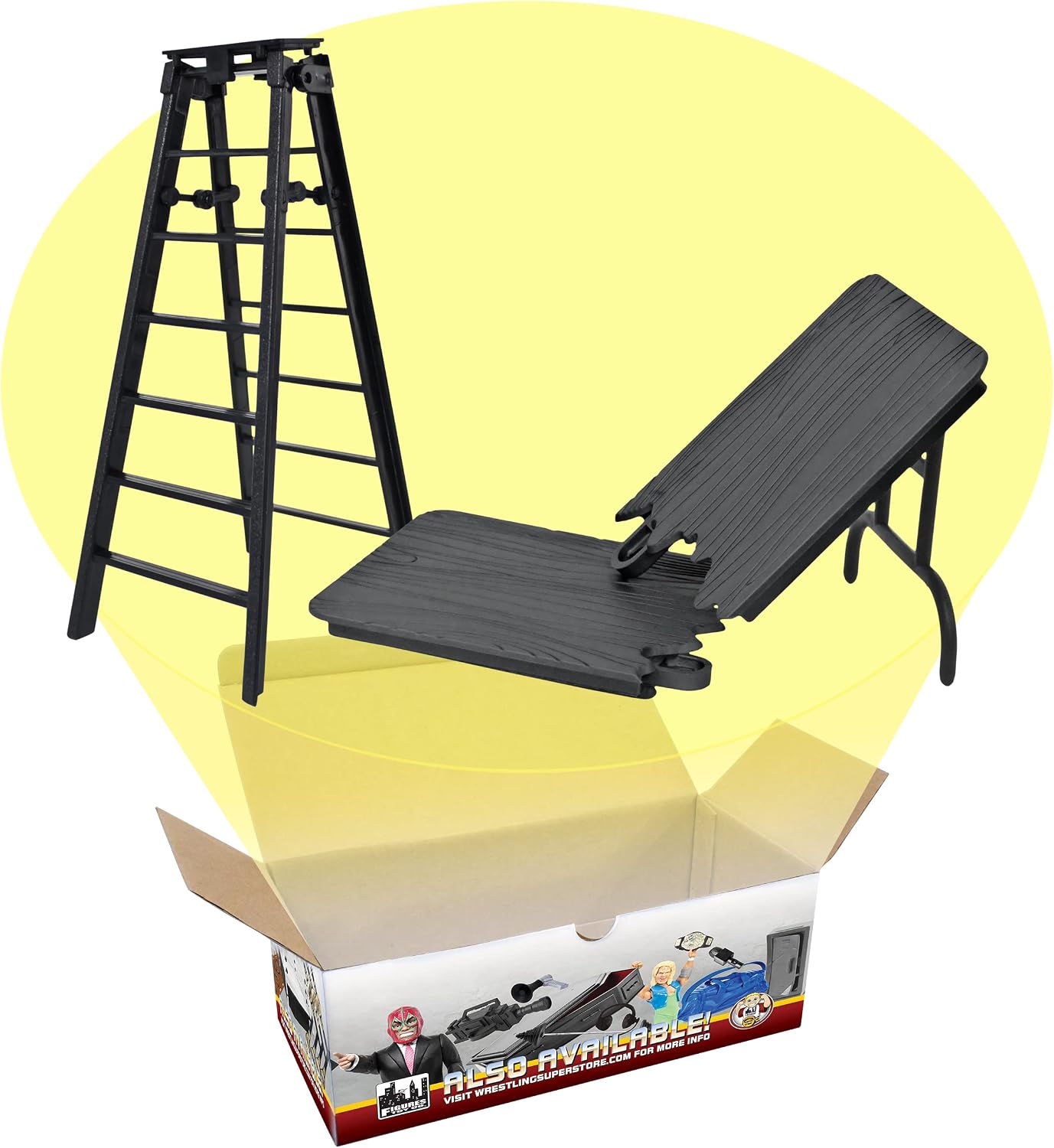 Black Table & Ladder Set for Wrestling Action Figures | Create High-Flying Ladder Matches & Table Crashes with a 7 Inch Ladder and Reusable