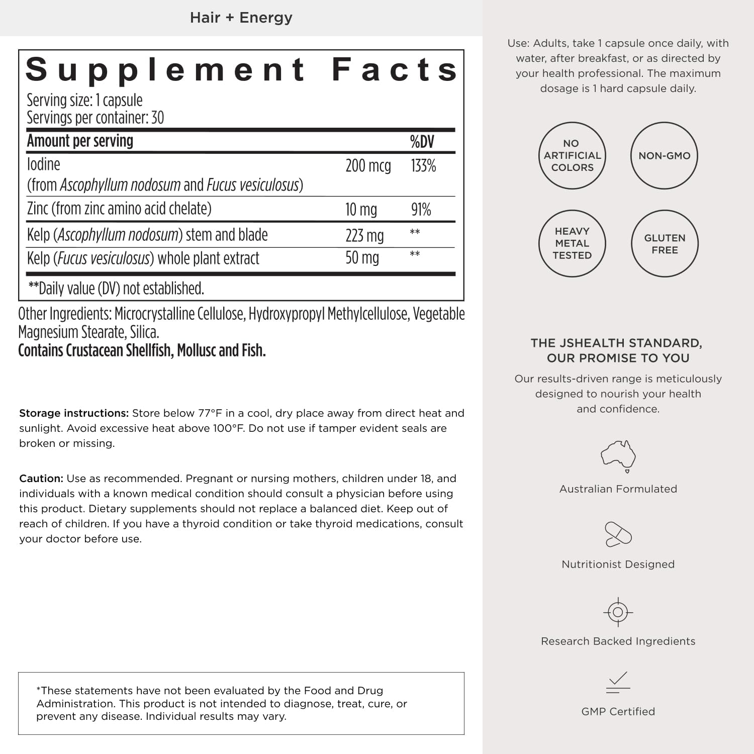 JSHealth Hair Growth Vitamins for Women. Hair + Energy with Kelp Iodine and Zinc. Supports Thickness, Strength, Energy. Nutritionist-Formulated (60 Capsules) | Hair Vitamins for Women and Men, Zinc and Iodine Hair Supplements for Hair Growth