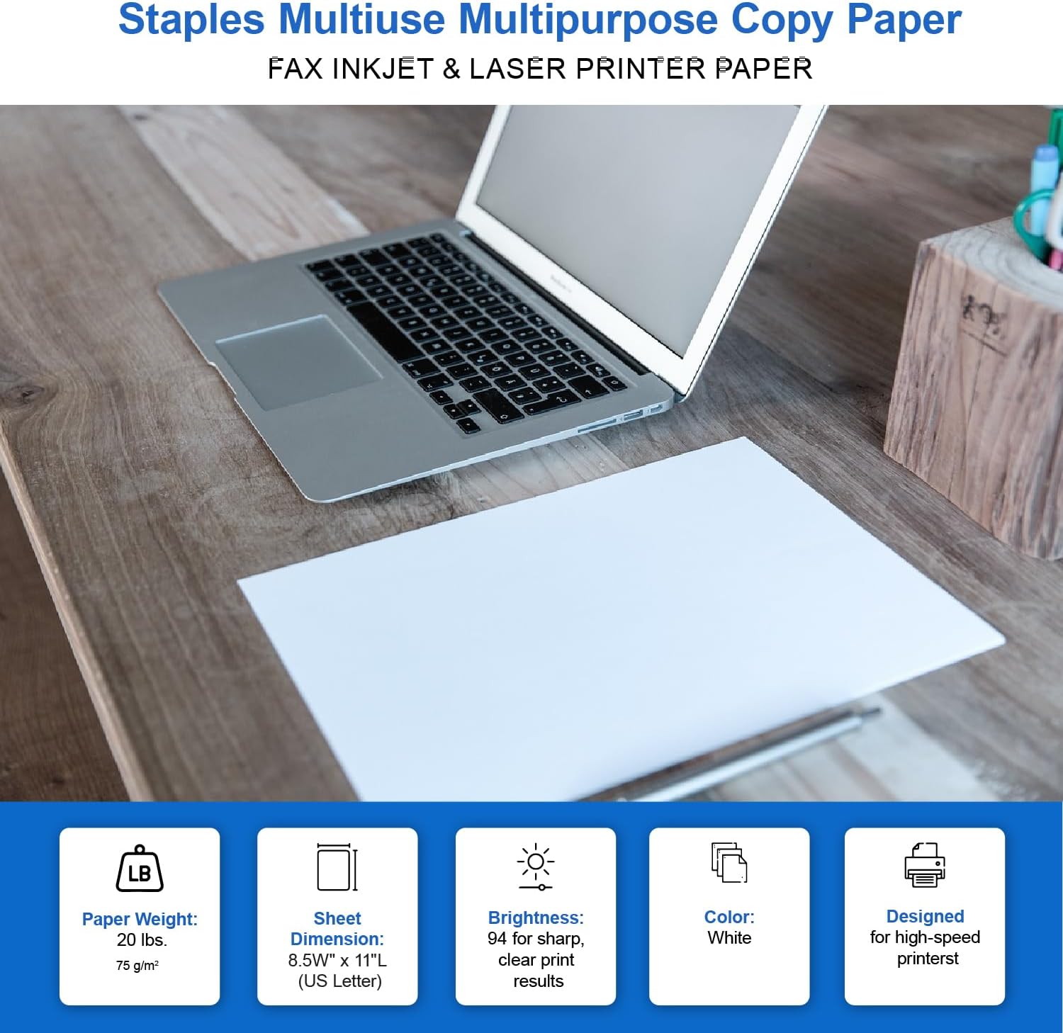 Staples Multipurpose Copy Paper, 8.5x11, 20lb, 94 Bright, 10 Reams/Carton | 5,000 white sheets total. Smooth finish reduces jams in copiers, laser & inkjet printers.