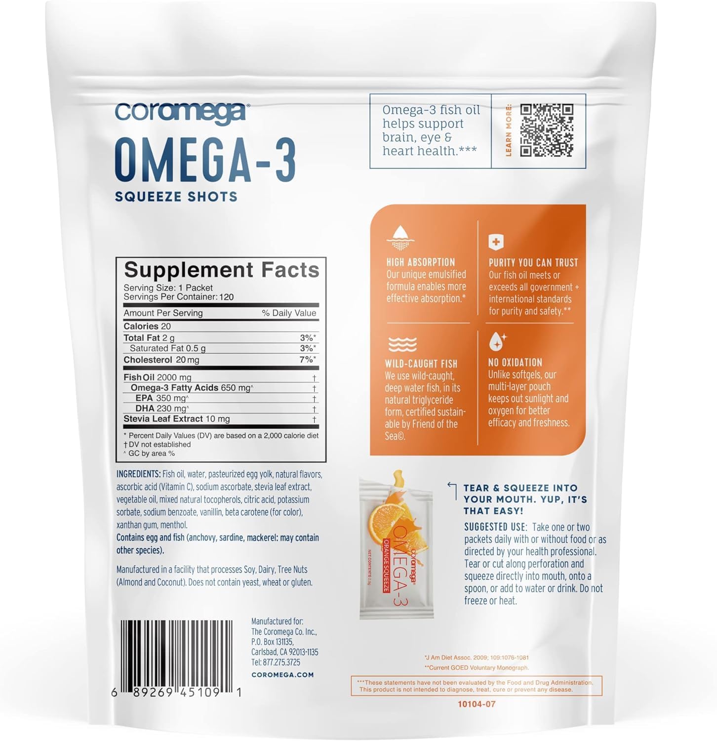 Coromega - Omega 3 Fish Oil Supplement - 30 Squeeze Packets - 650mg | Orange Flavor, 3X Better Absorption Than Softgels, Easy To Take, No Fishy Aftertaste, Convenient Daily Serving