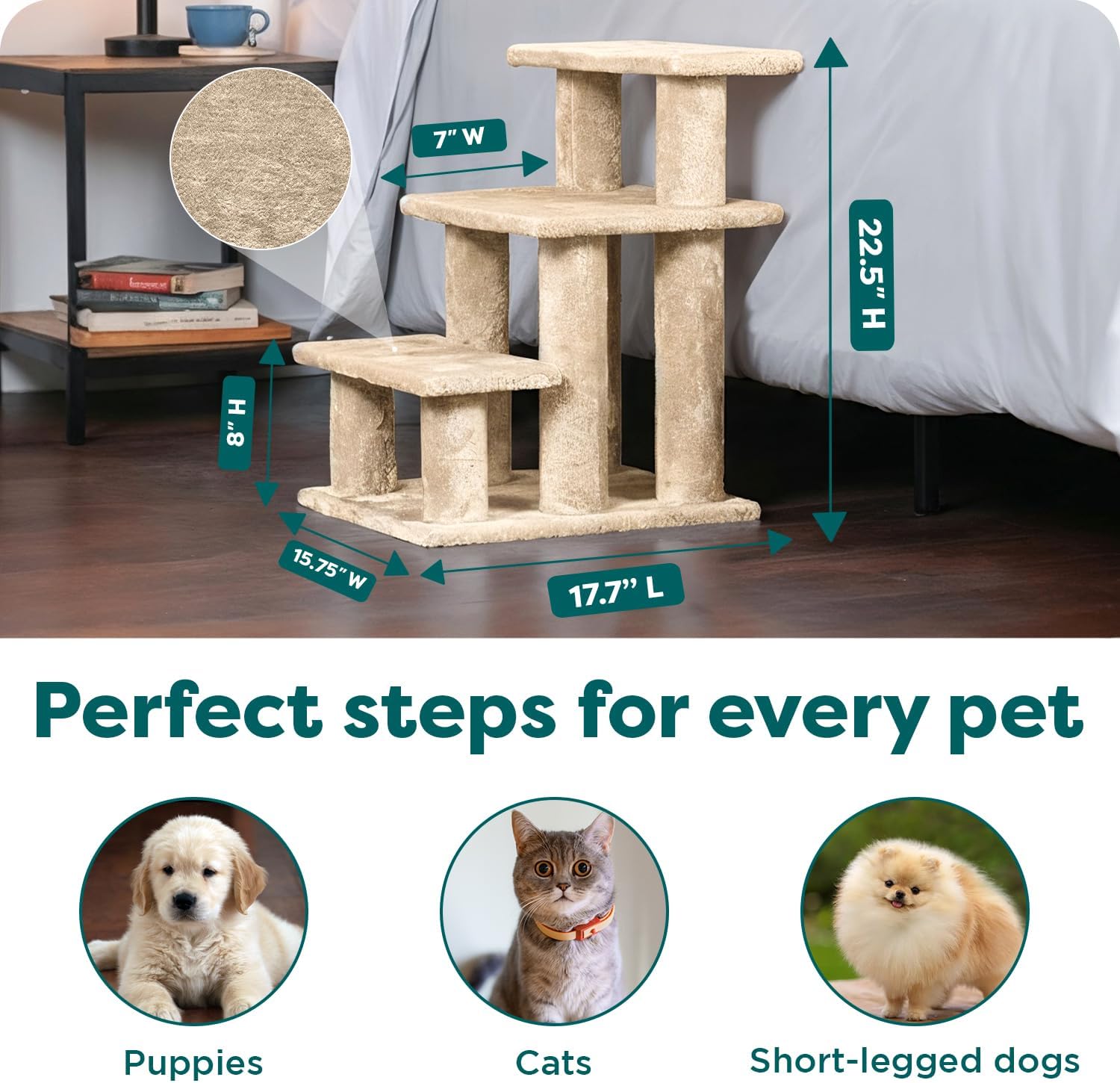 Furhaven Steady Paws Multi-Step Pet Stairs for High Beds & Sofas - Cream, 3-Step